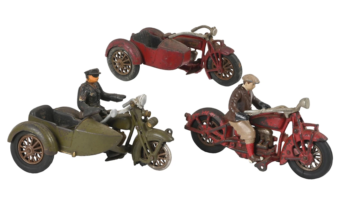 LOT OF 3: HUBLEY MFG. CO. CAST IRON MOTORCYCLE TOYS
