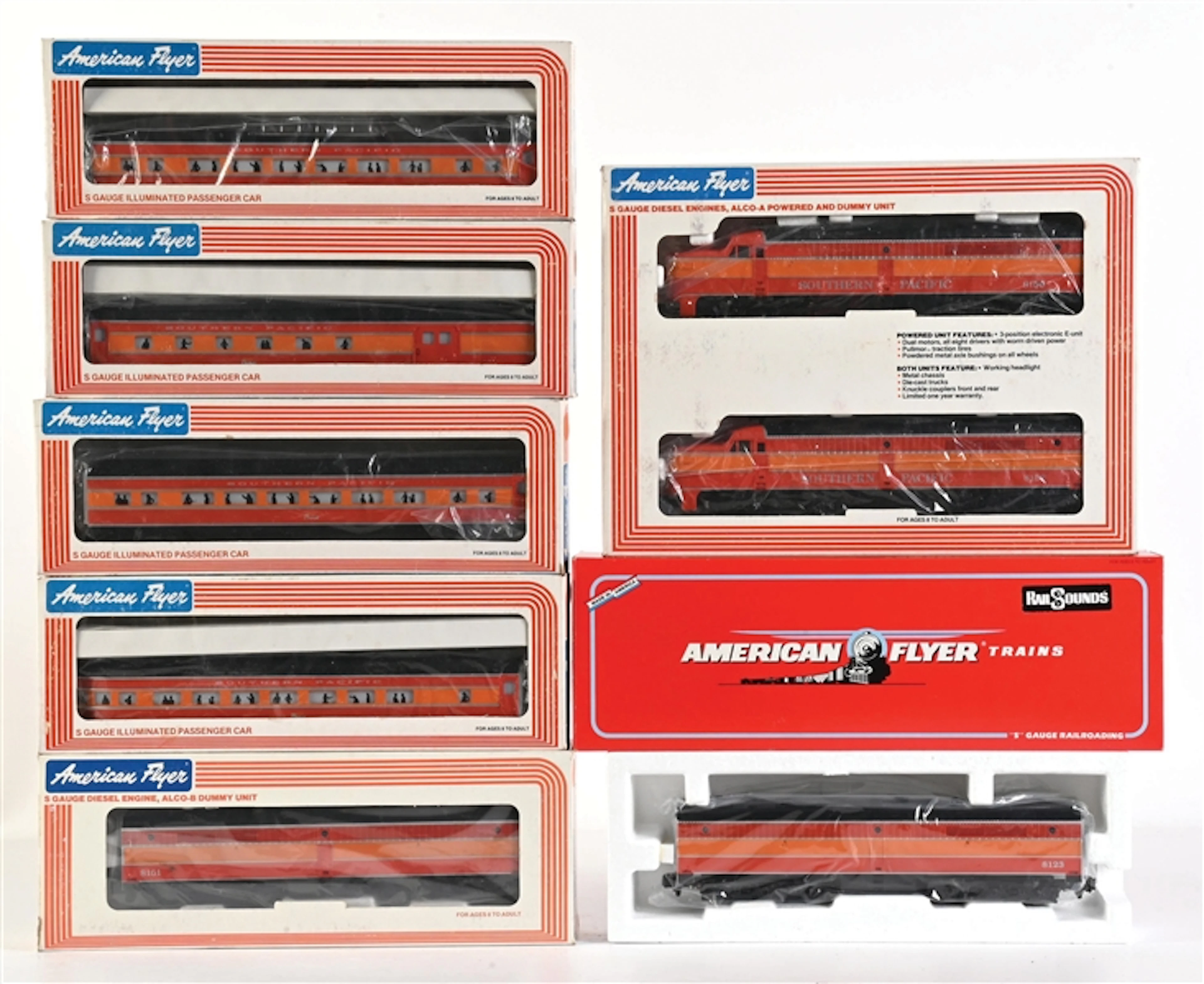 LOT OF 7: AMERICAN FLYER SET S GA. DIESEL ENGINES, ALCO A & B DUMMY
