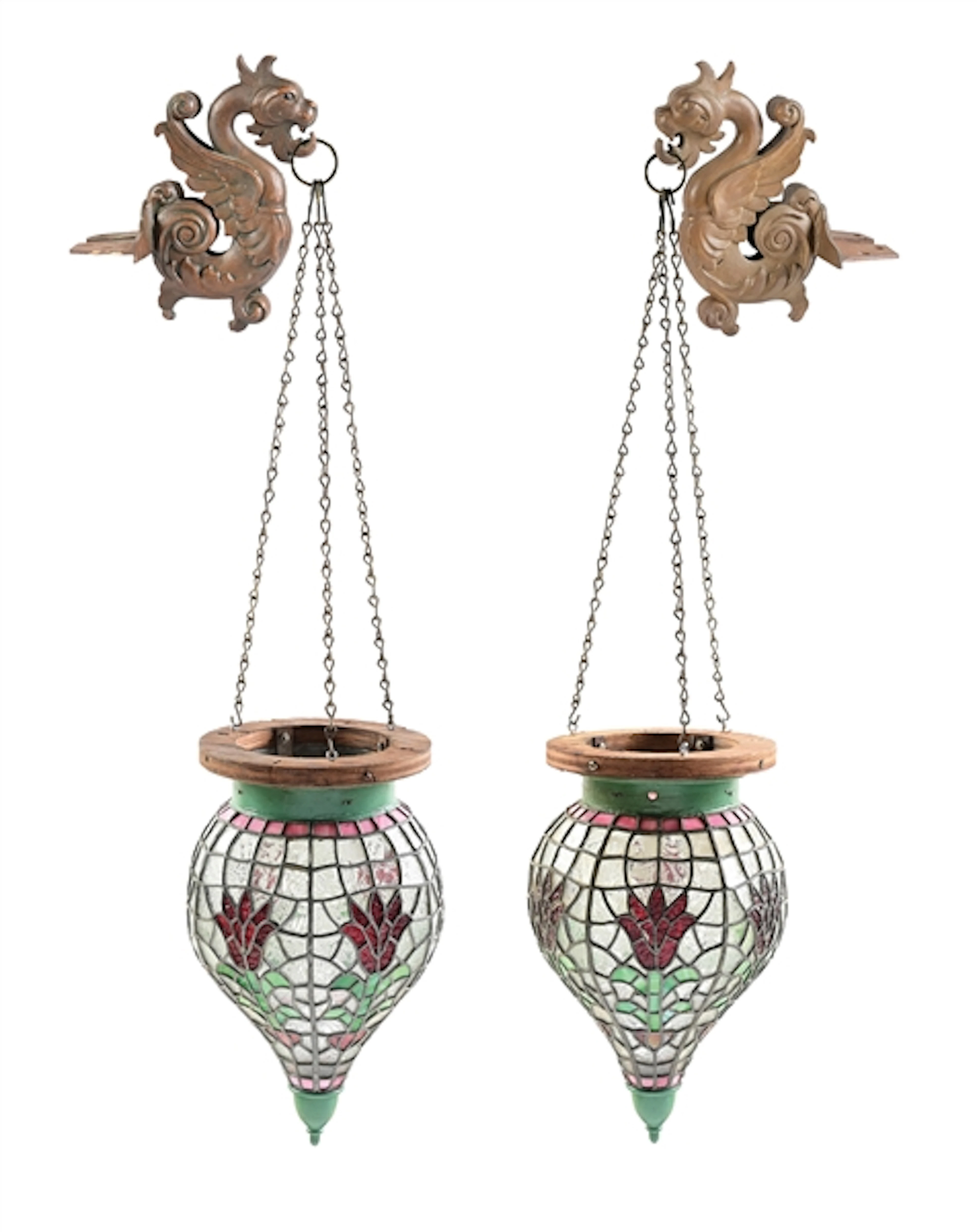 RARE PAIR OF ART NOUVEAU SODA FOUNTAIN STAINED GLASS SHOW GLOBES WITH