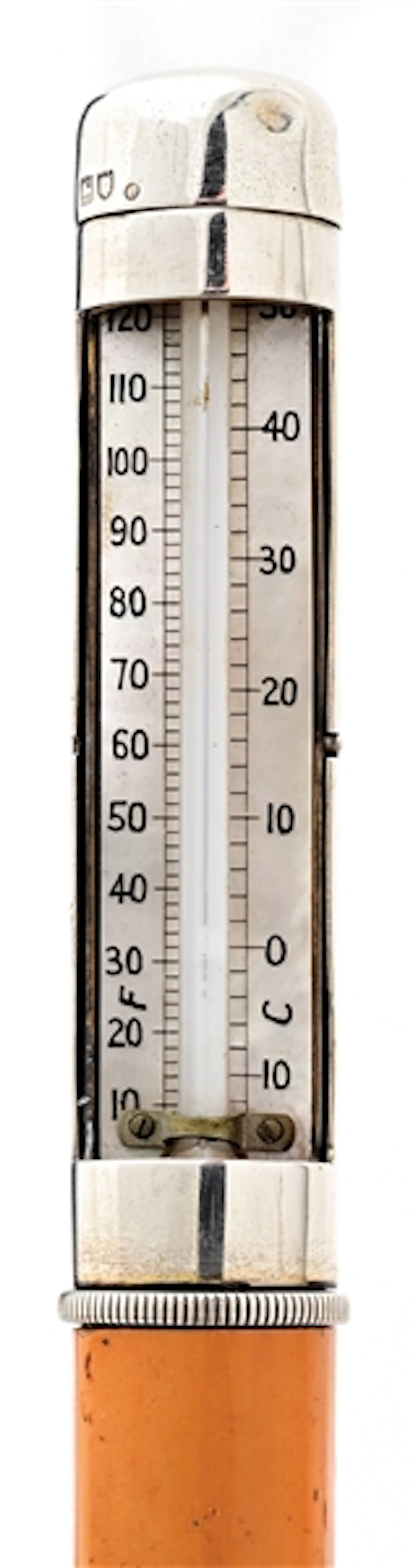 ANTIQUE WALKING STICK CANE WITH WOOD SHAFT AND METAL THERMOMETER TOP HANDLE