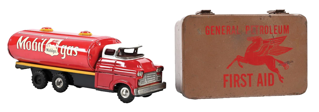 COLLECTION OF 2: MOBILGAS TIN TOY TRUCK AND GENERAL PETROLEUM FIRST AID KIT