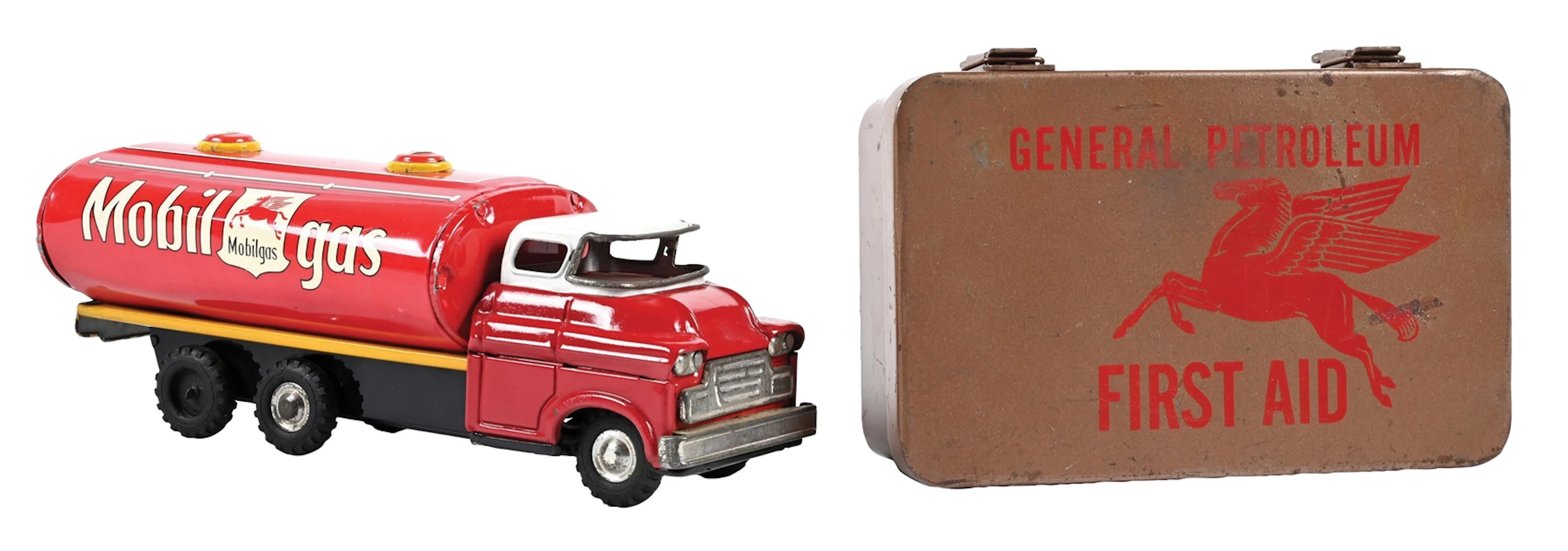COLLECTION OF 2: MOBILGAS TIN TOY TRUCK AND GENERAL PETROLEUM FIRST AID KIT