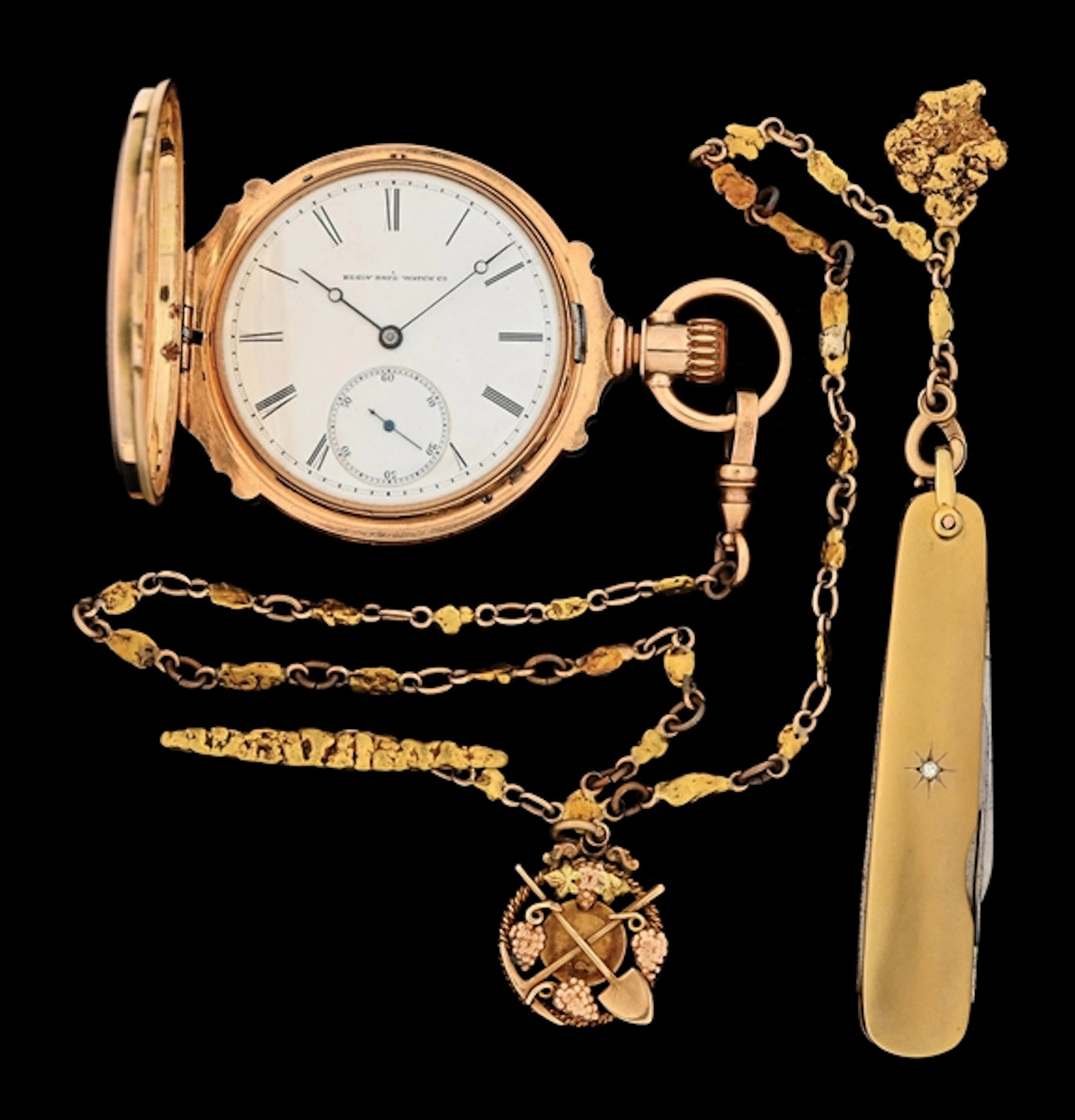 14K YELLOW GOLD ELGIN H/C BOX-HINGE POCKET WATCH W/KNIFE FOB & NUGGET CHAIN