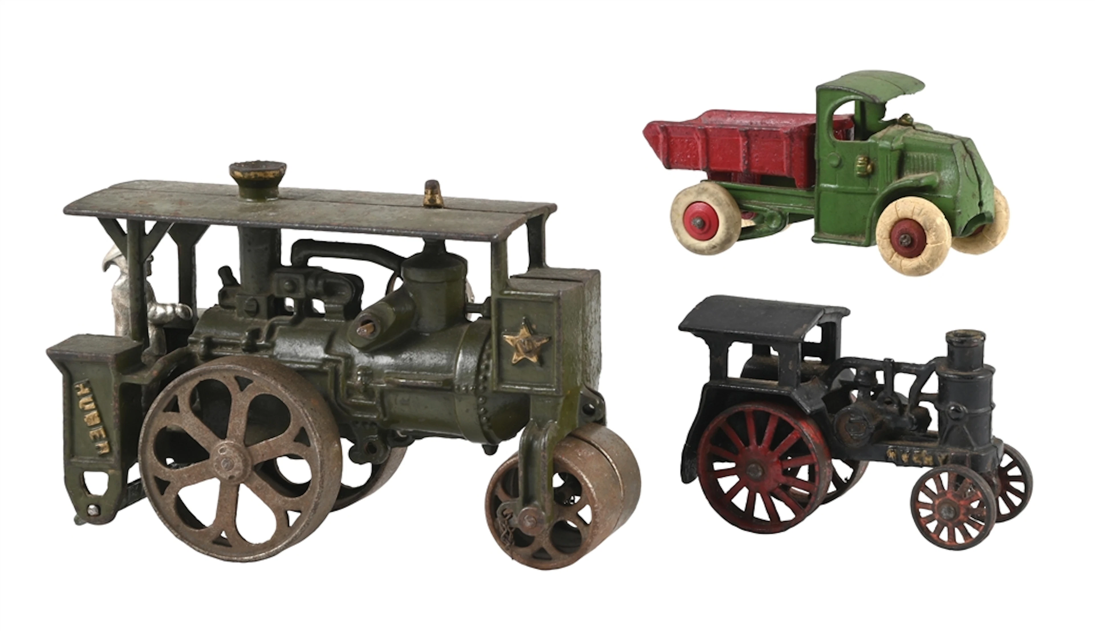 LOT OF 3: VINTAGE CAST IRON HUBER, DUMP TRUCK AND TRACTOR