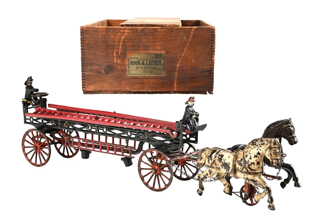 IVES BLAKESLEE & CO. CAST IRON FIRE LADDER WAGON W/ ORIGINAL BOX