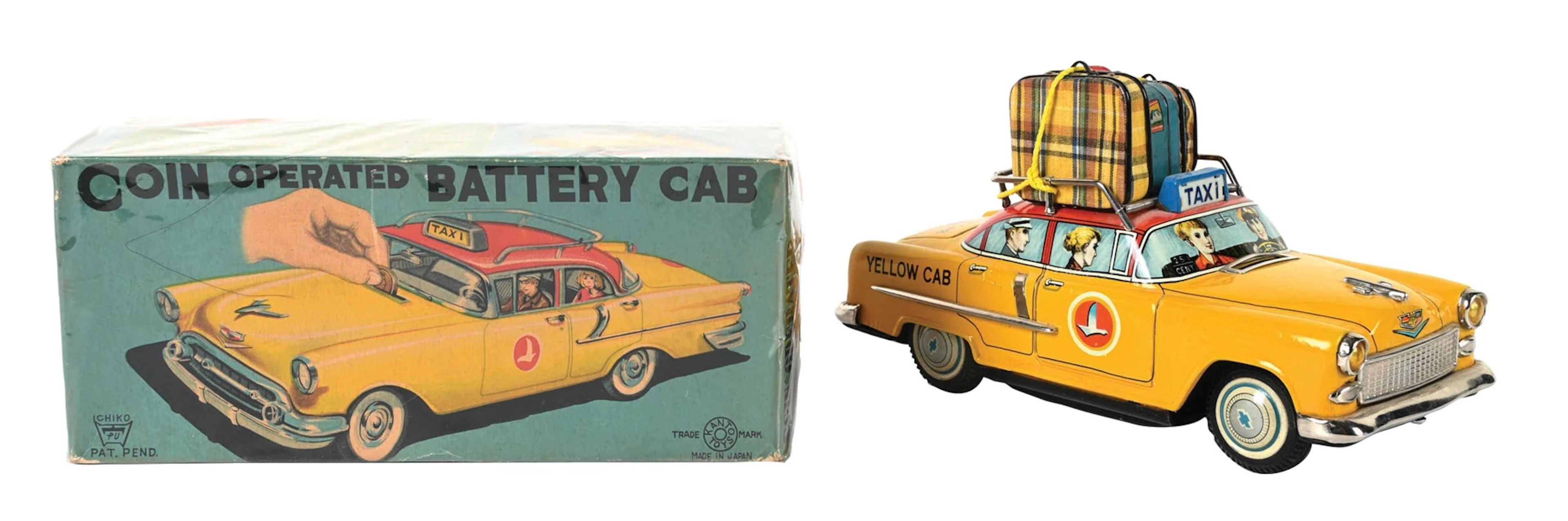 JAPANESE TIN LITHO BATTERY-OPERATED ICHIKO CANTO TOYS COIN-OPERATED YELLOW CAB