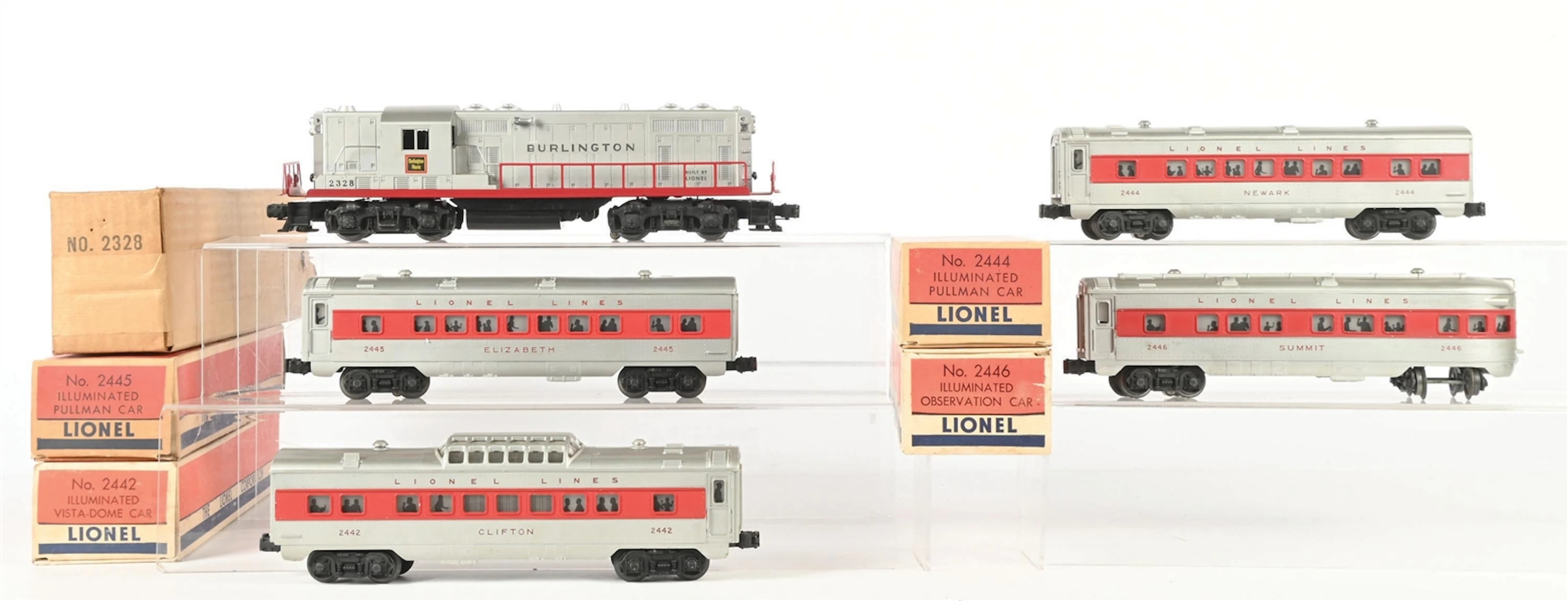 LIONEL POSTWAR O. GAUGE NO. 2328 BURLINGTON DIESEL PASSENGER SET WITH