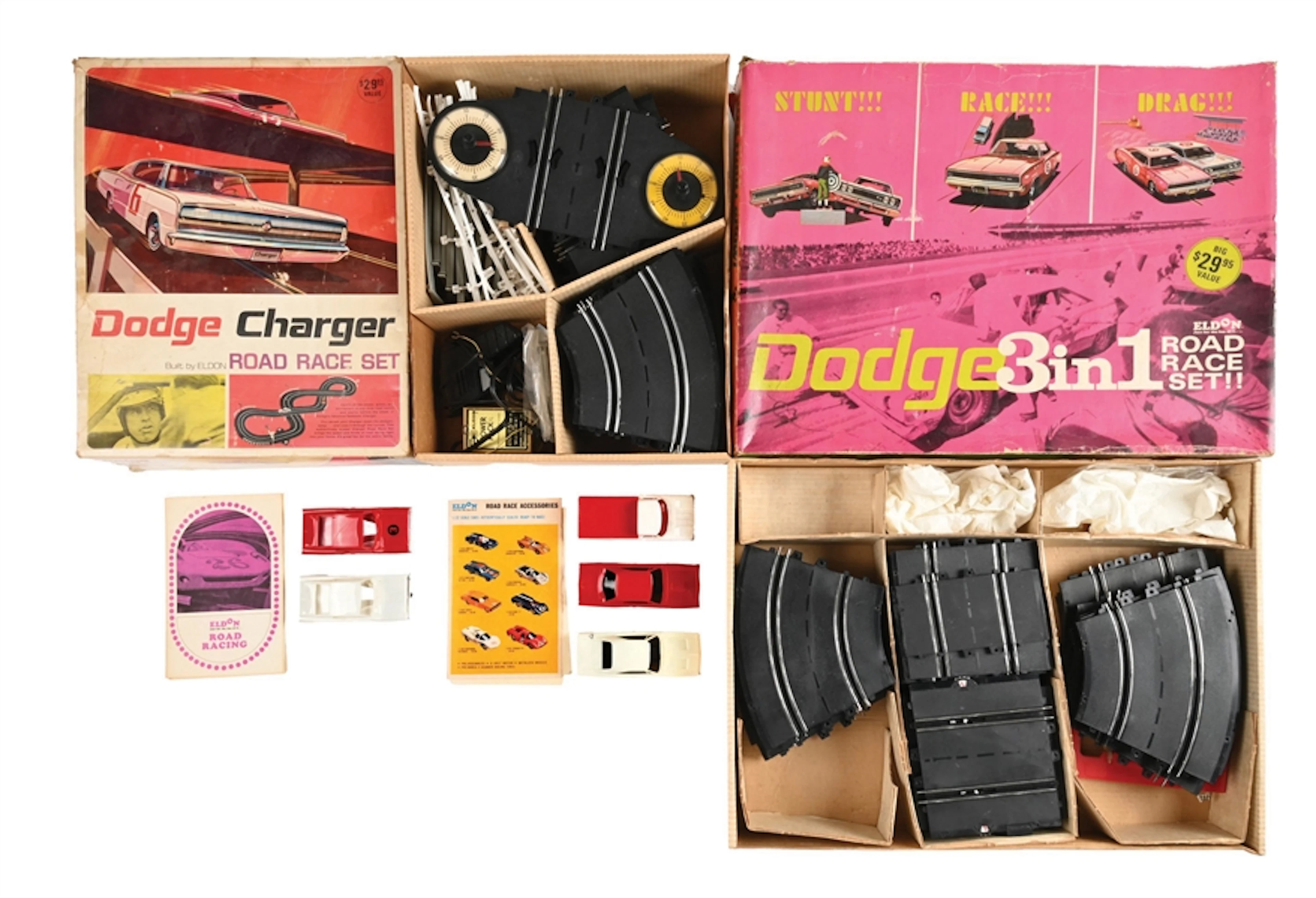 LOT OF 2: ELDON 1:32 SCALE DODGE SLOT CAR RACING SETS IN ORIGINAL BOXES