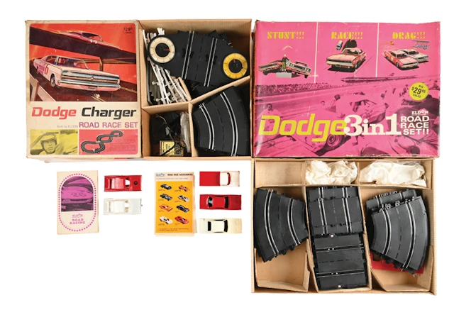 LOT OF 2: ELDON 1:32 SCALE DODGE SLOT CAR RACING SETS IN ORIGINAL BOXES