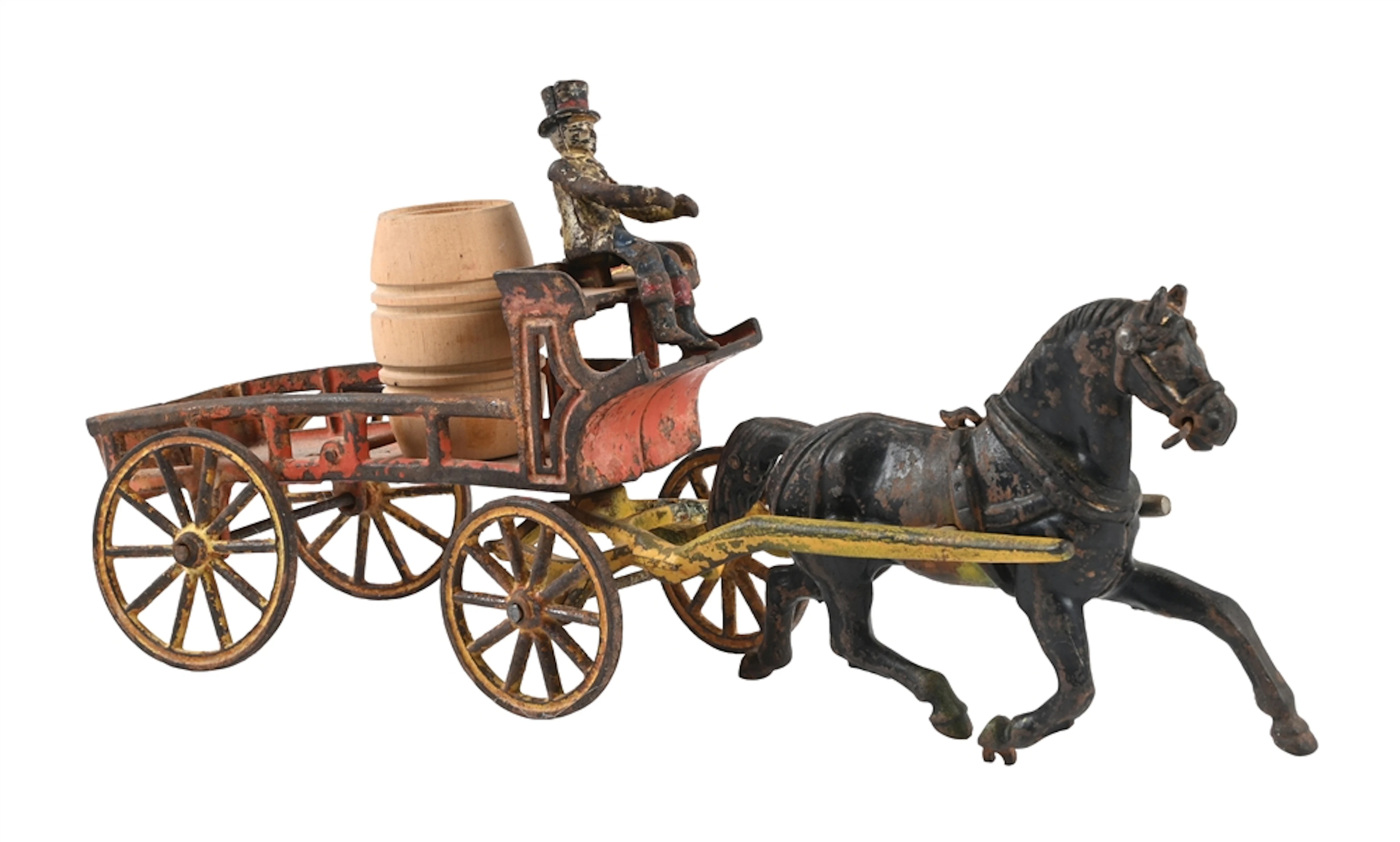 ATTRIBUTED TO IVES MANUFACTURING CO. CAST-IRON BALANCING-HORSE DRAY WAGON