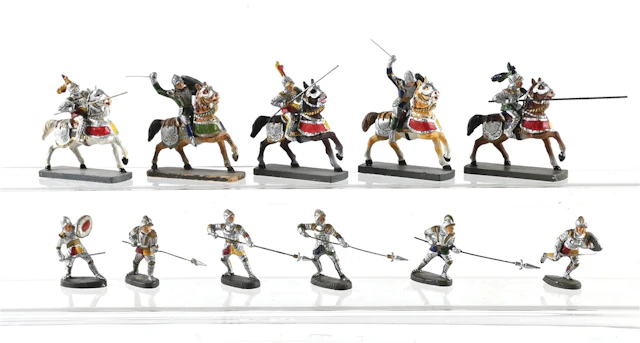 LOT OF 11: PRE-WAR ELASTOLIN COMPOSITION KNIGHTS