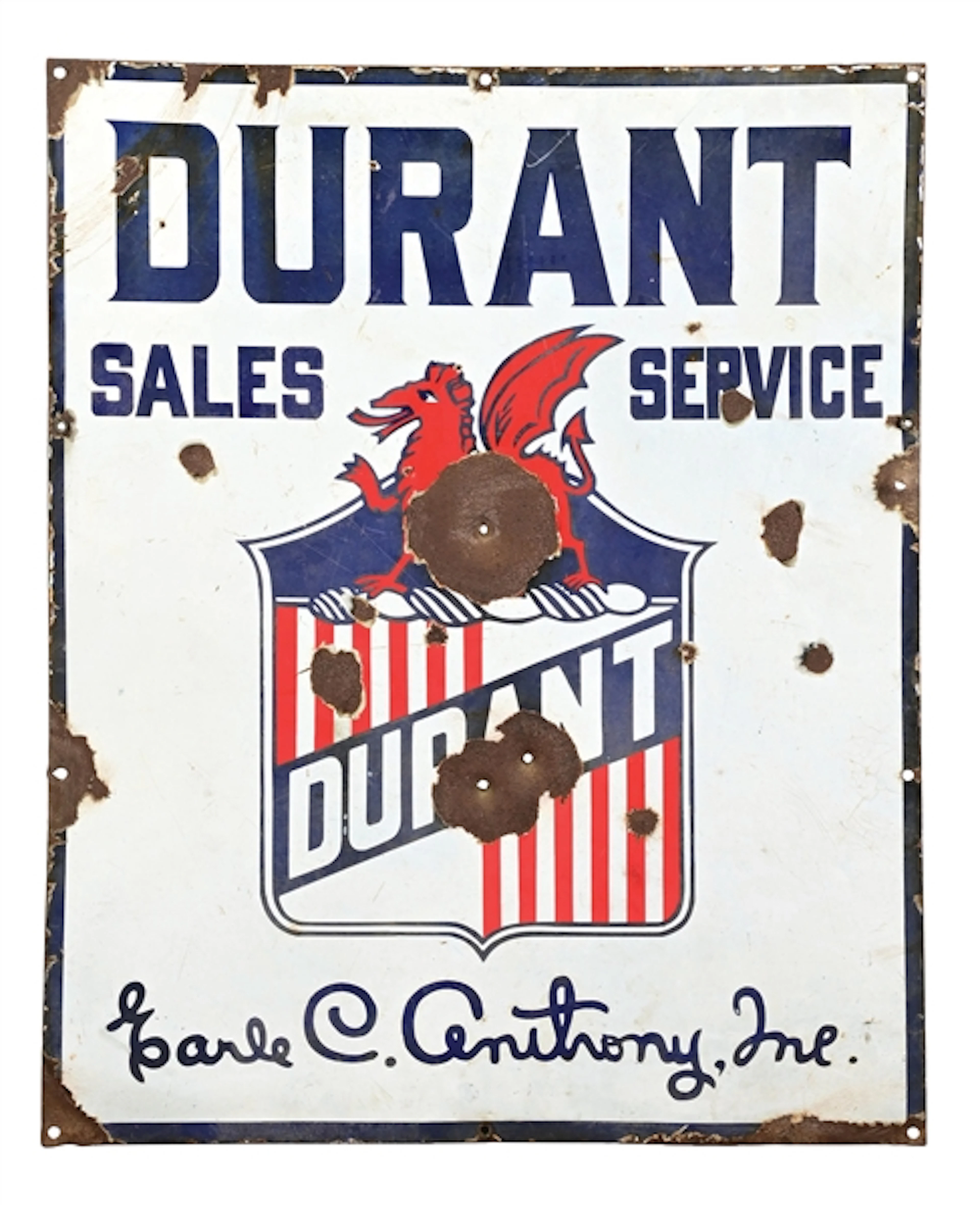 RARE DURANT SALES & SERVICE PORCELAIN SIGN FOR EARL C. ANTHONY.