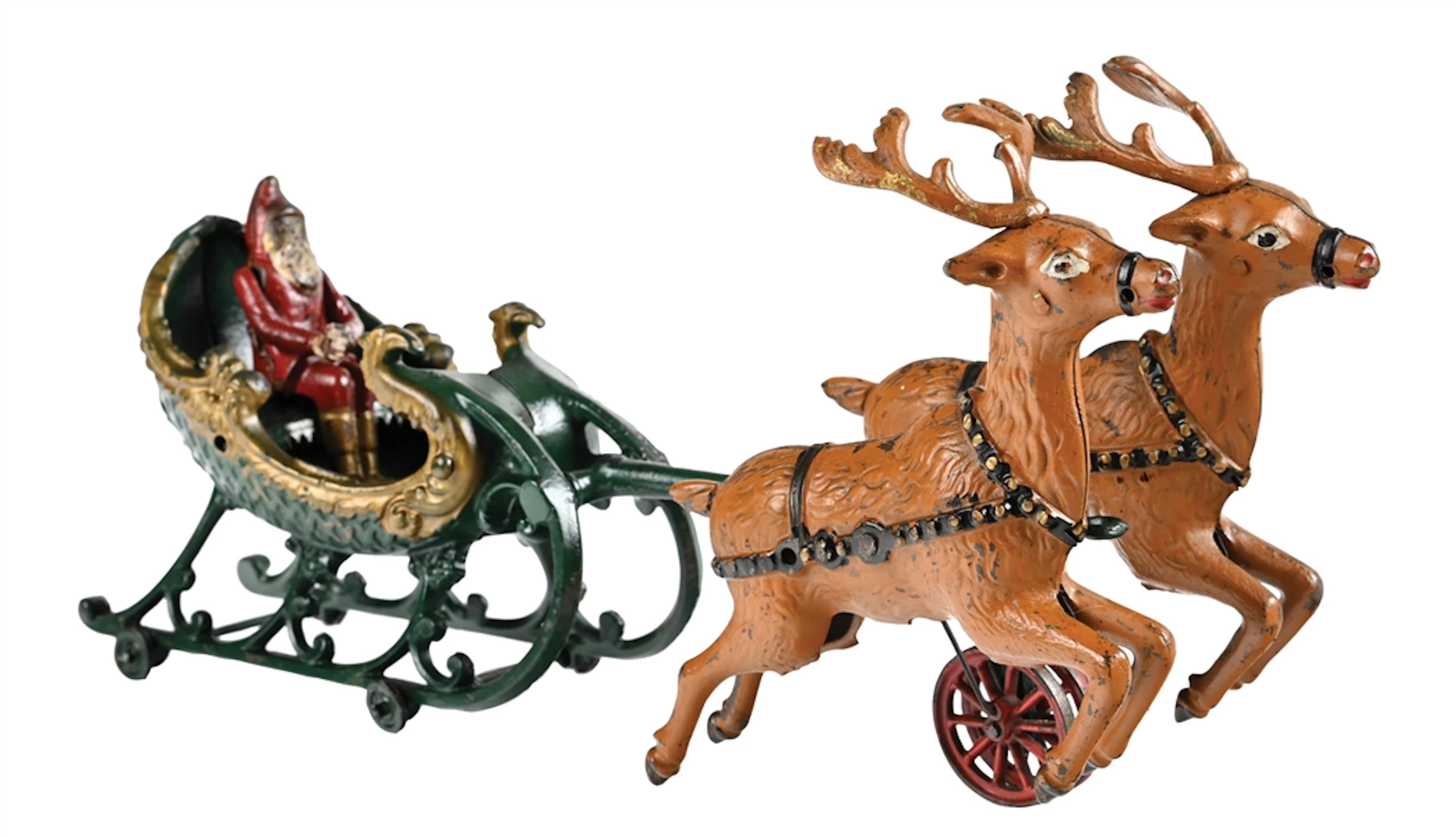 HUBLEY MFG. CO. CAST IRON SANTA AND BROWN REINDEER SLEIGH