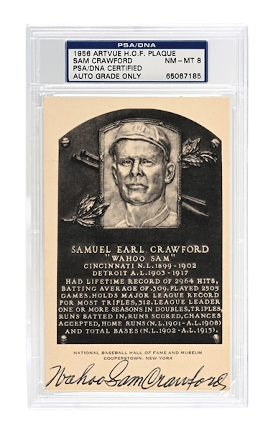 WAHOO SAM CRAWFORD DOUBLE SIGNED ARTVUE HOF PLAQUE PSA/DNA 8