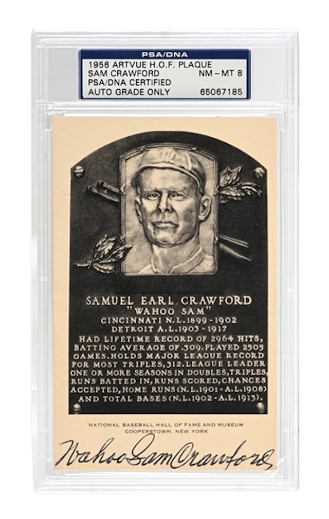 WAHOO SAM CRAWFORD DOUBLE SIGNED ARTVUE HOF PLAQUE PSA/DNA 8