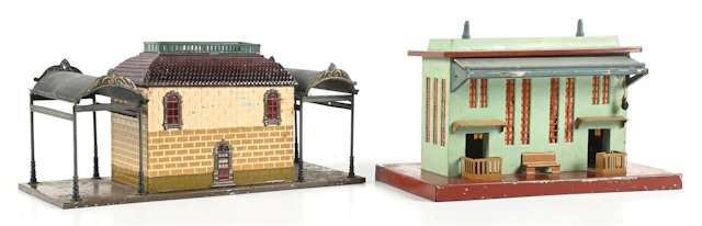 LOT OF 2: GERMAN PAINTED TIN TRAIN STATIONS