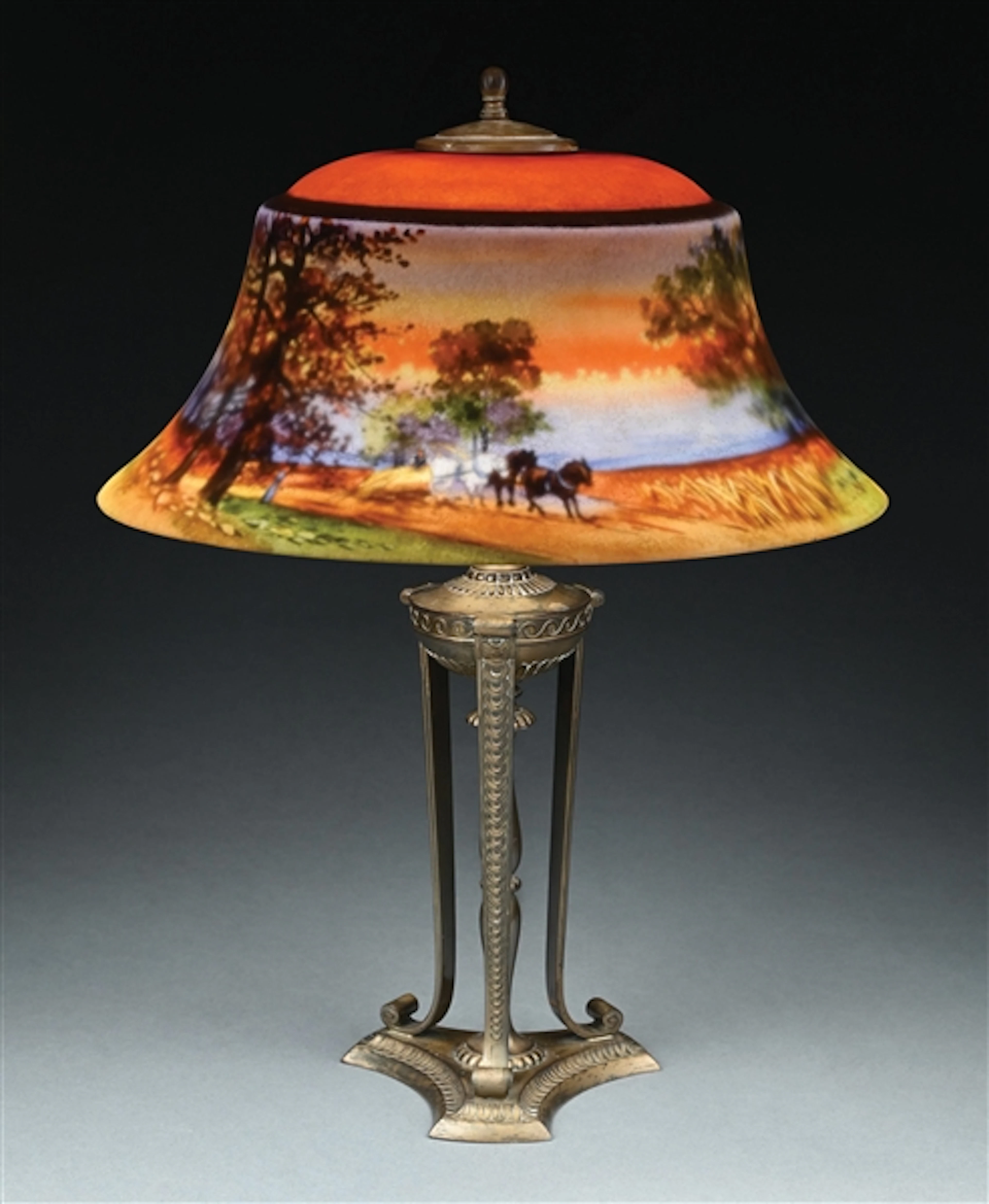 REVERSE PAINTED PAIRPOINT SCENIC LANDSCAPE LAMP SHADE WITH BASE