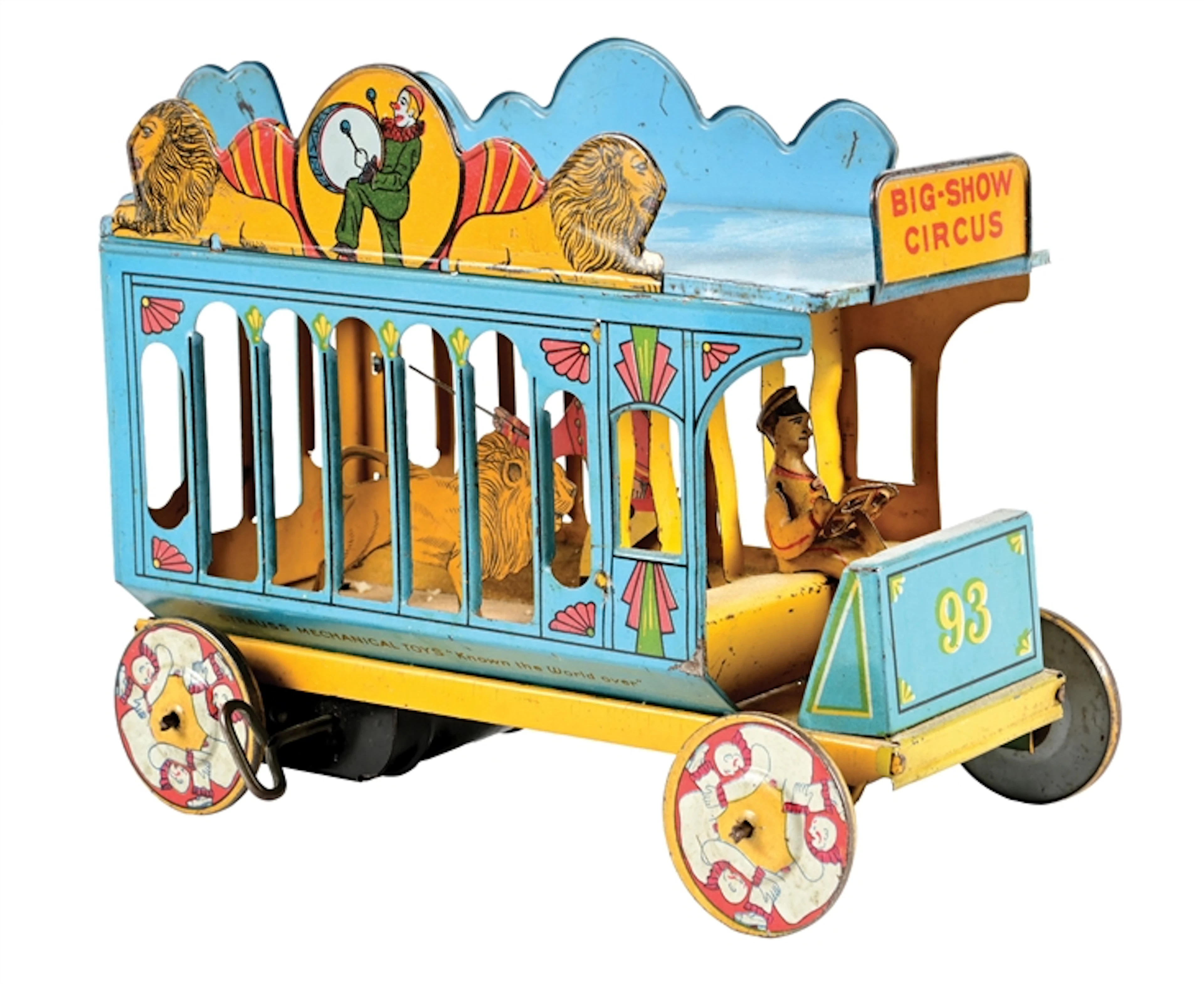 FERDINAND STRAUSS CO. TIN LITHO COUNTERCLOCK BIG-SHOW CIRCUS BUS