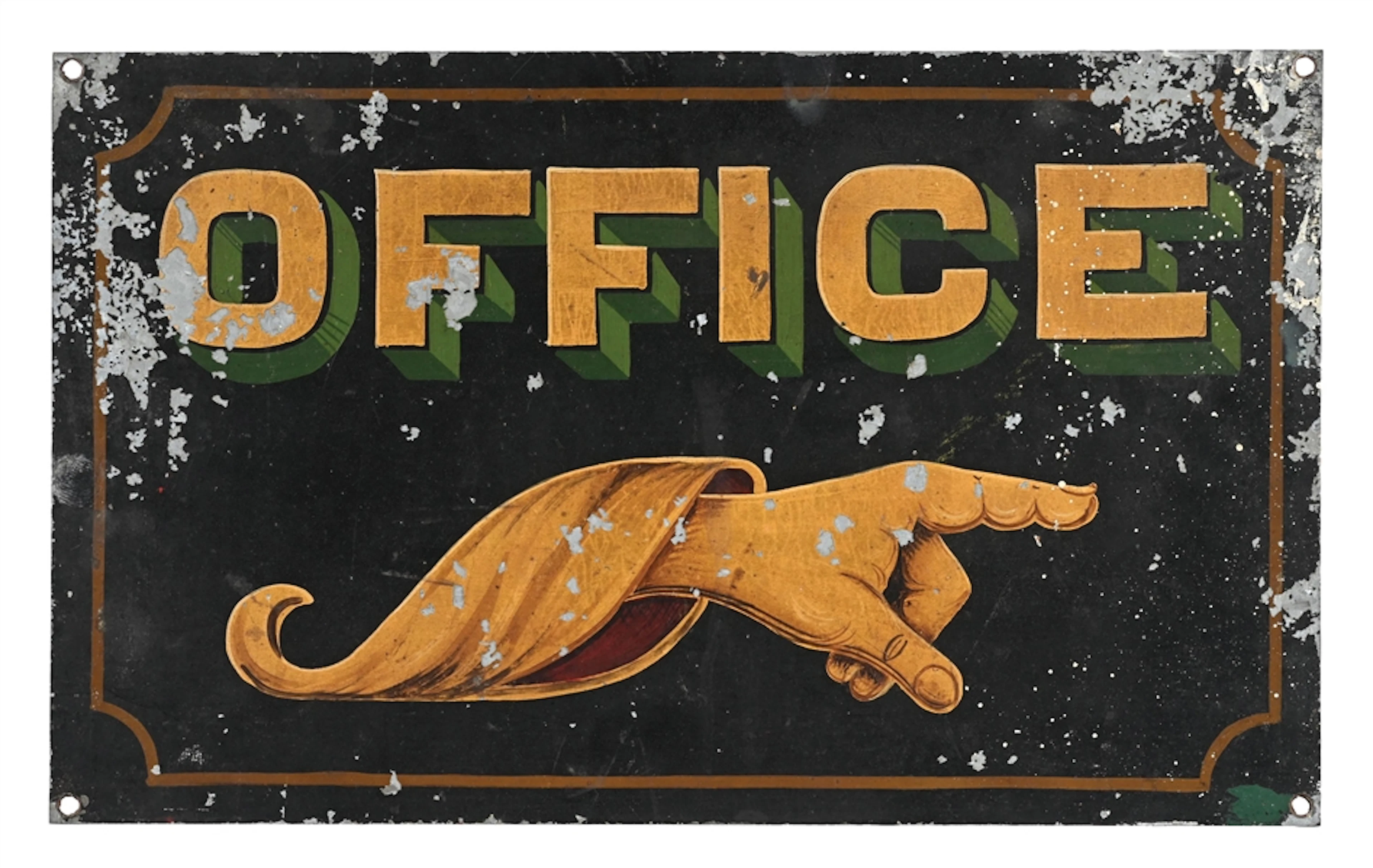 OFFICE HAND PAINTED TIN DIRECTIONAL SIGN W/ POINTING HAND GRAPHIC.