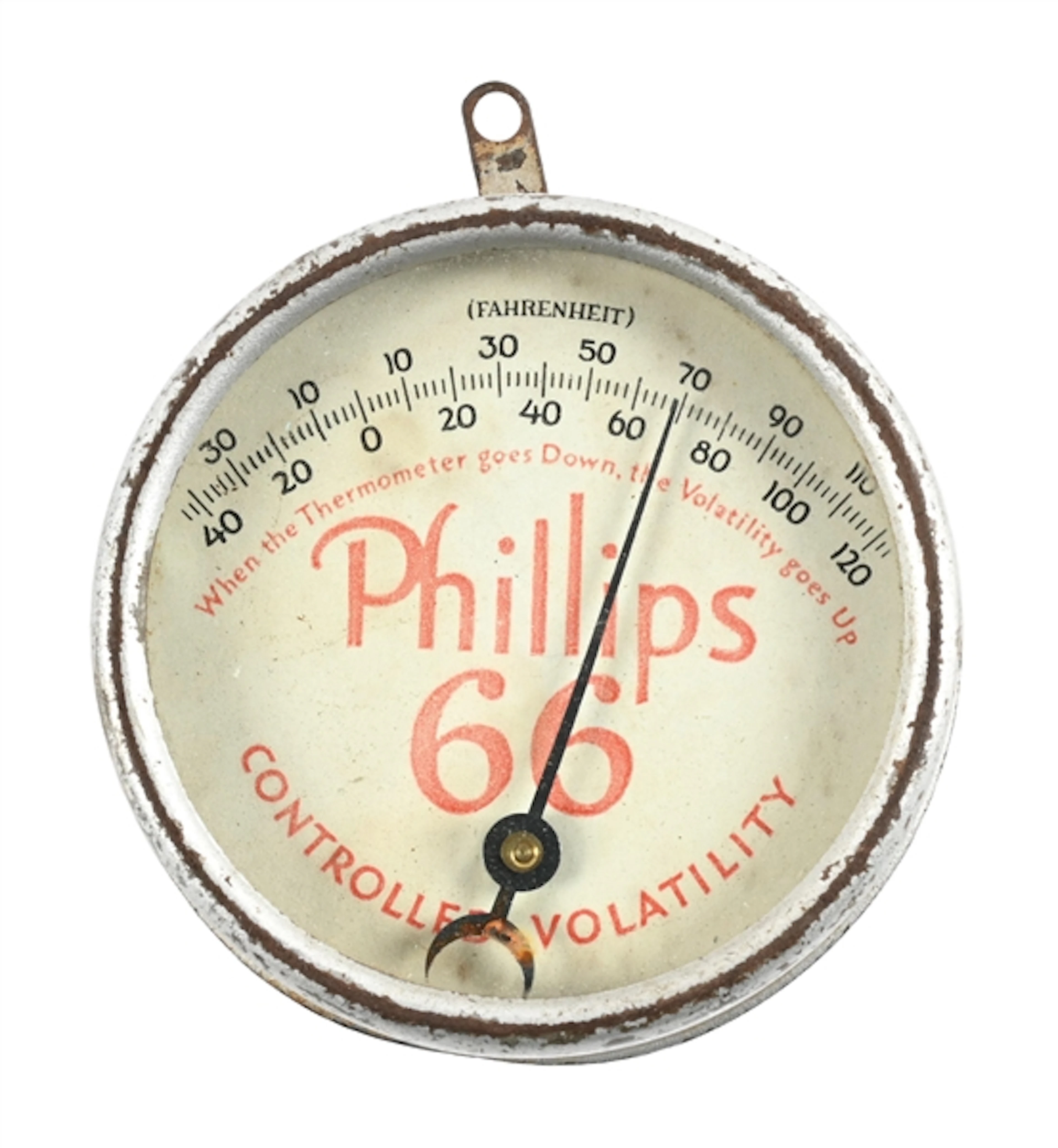 RARE PHILLIPS 66 MOTOR OIL GLASS FACED THERMOMETER.