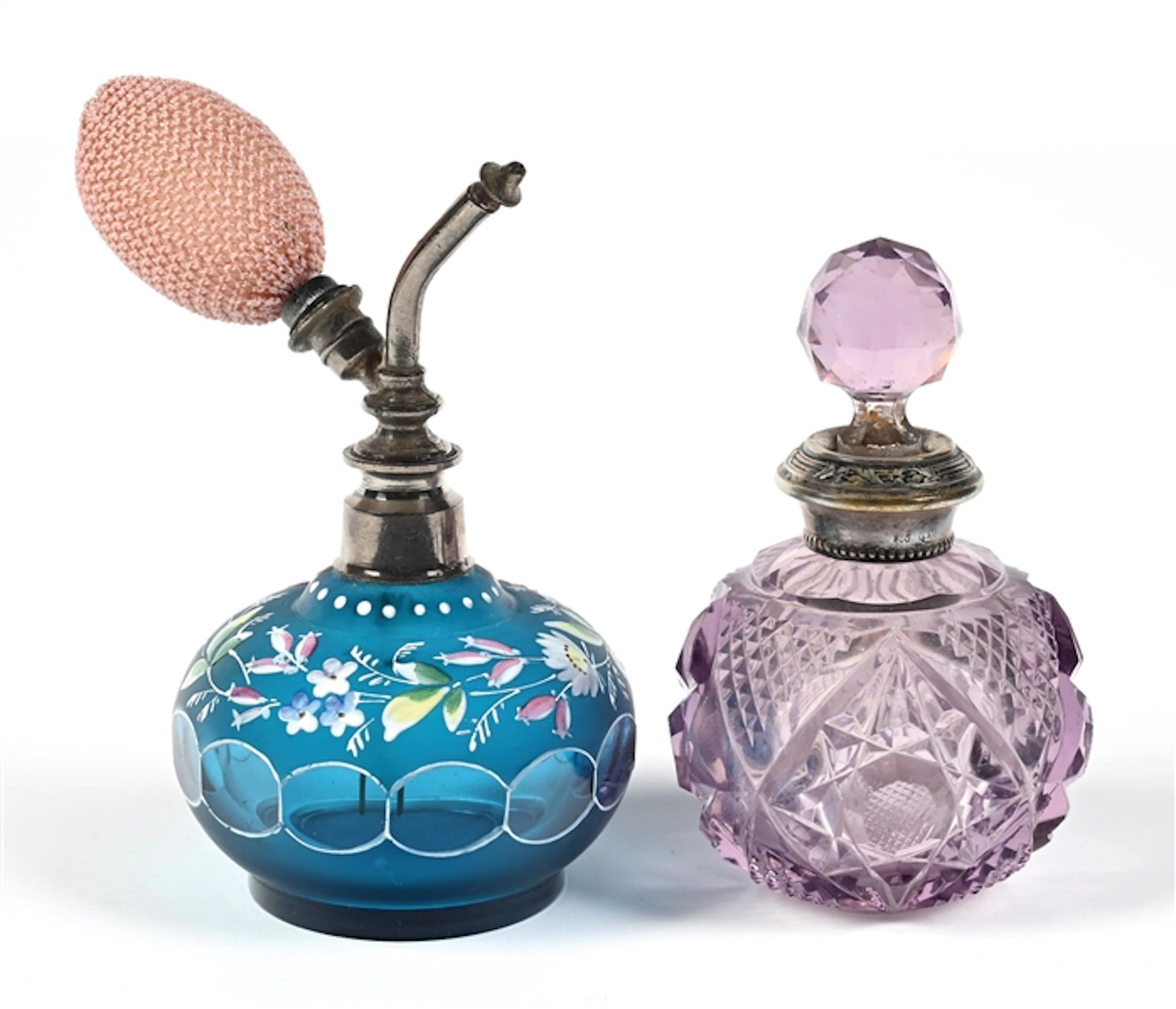LOT OF 2: LILAC HAND-CUT CRYSTAL & BLUE CUT GLASS HAND-PAINTED PERFUME BOTTLES