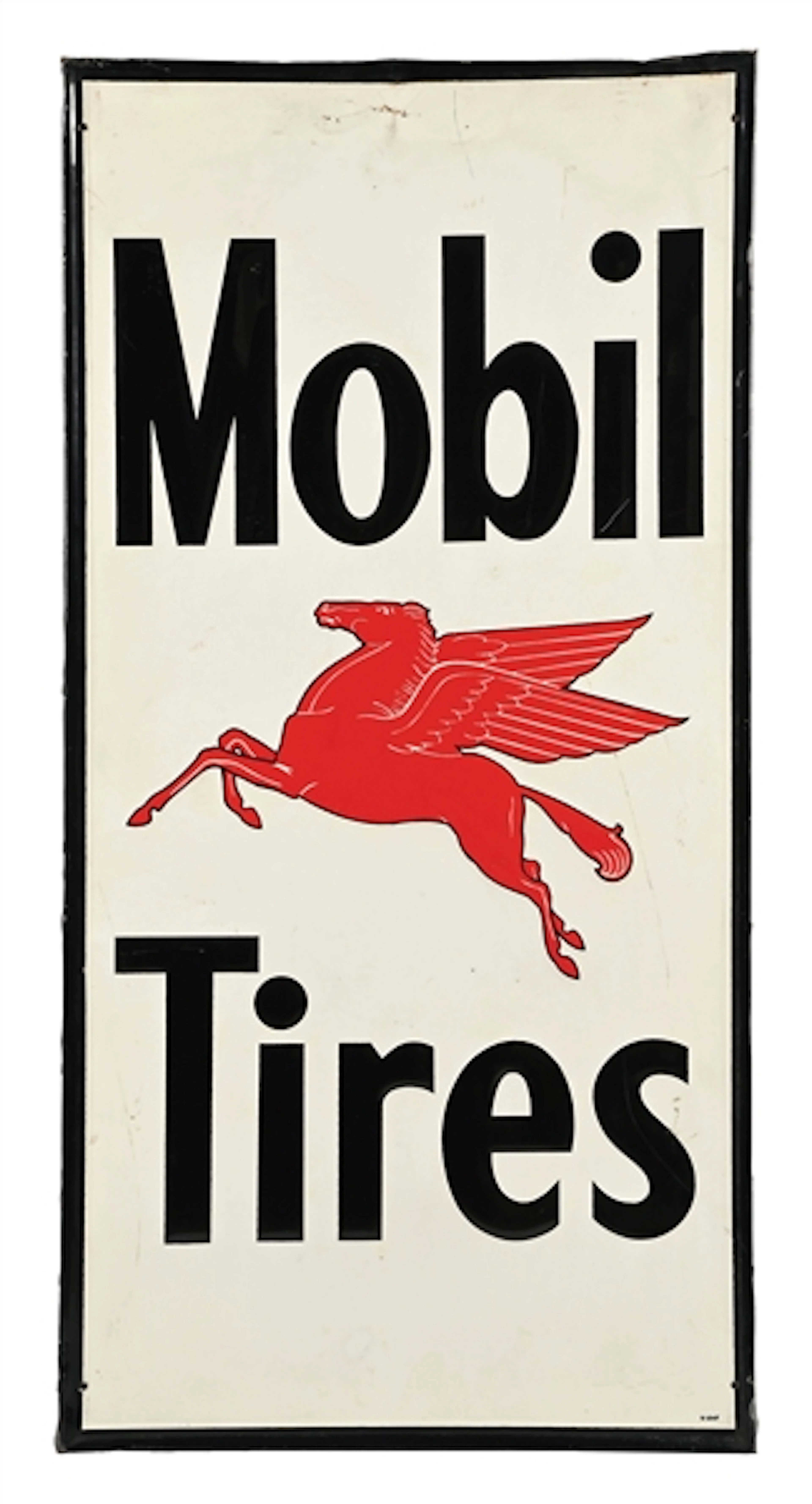 MOBIL TIRES EMBOSSED TIN SIGN WITH PEGASUS GRAPHIC