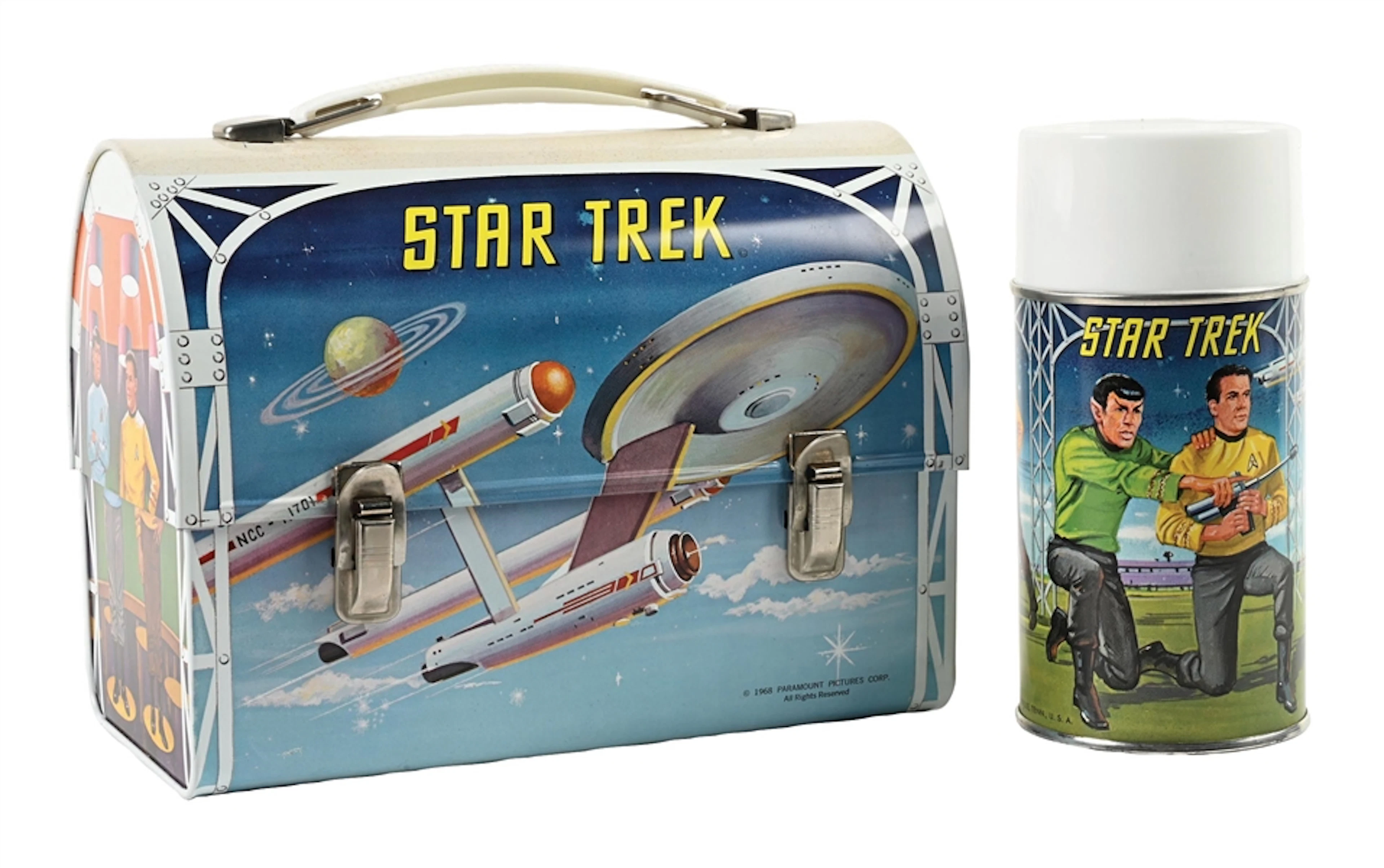 1968 PARAMOUNT PICTURES CORP. "STAR TREK" METAL LUNCH BOX WITH THERMOS
