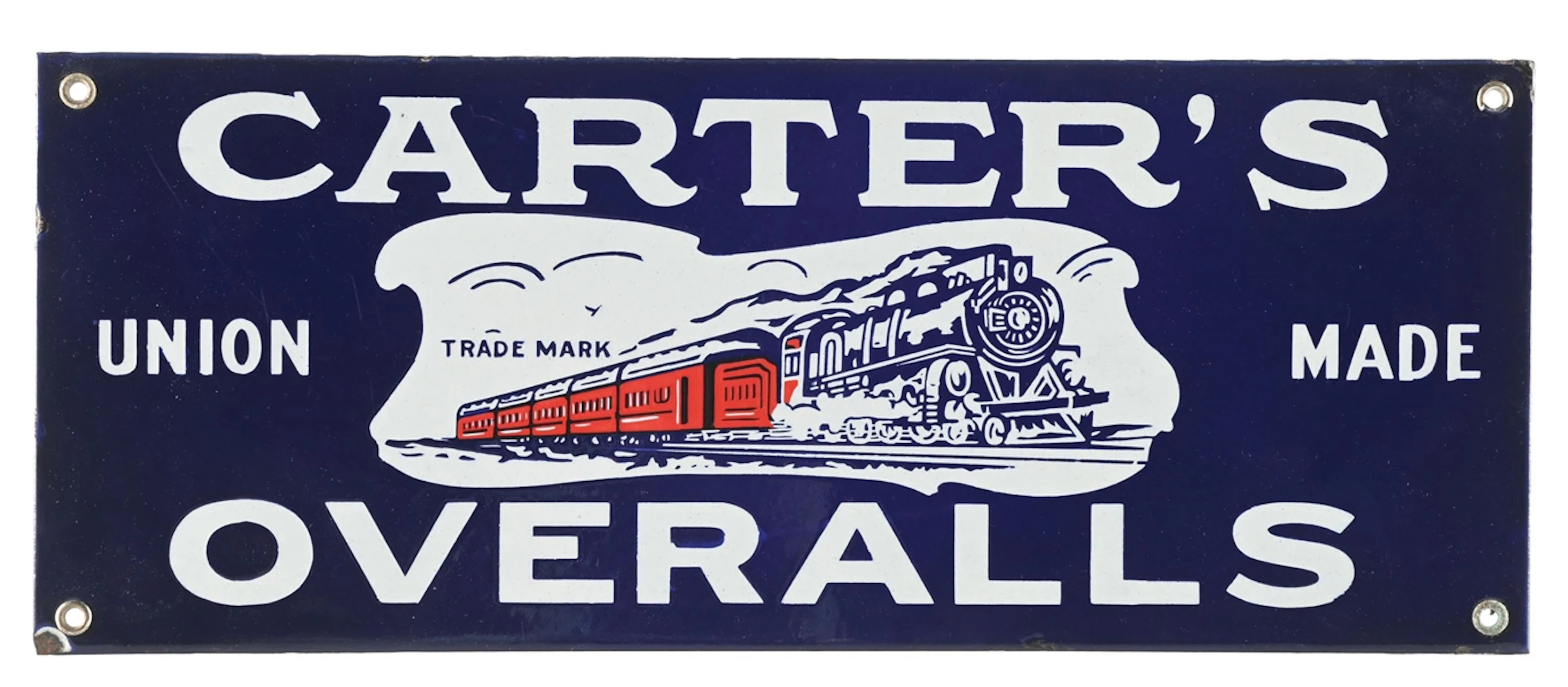 OUTSTANDING CARTER'S OVERALLS PORCELAIN SIGN W/ TRAIN GRAPHIC.