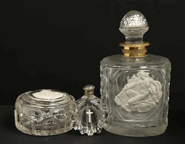 LOT OF 3: SULPHIDE BACCARAT CRYSTAL PERFUME, POWDER BOX, & SMALL CRYSTAL