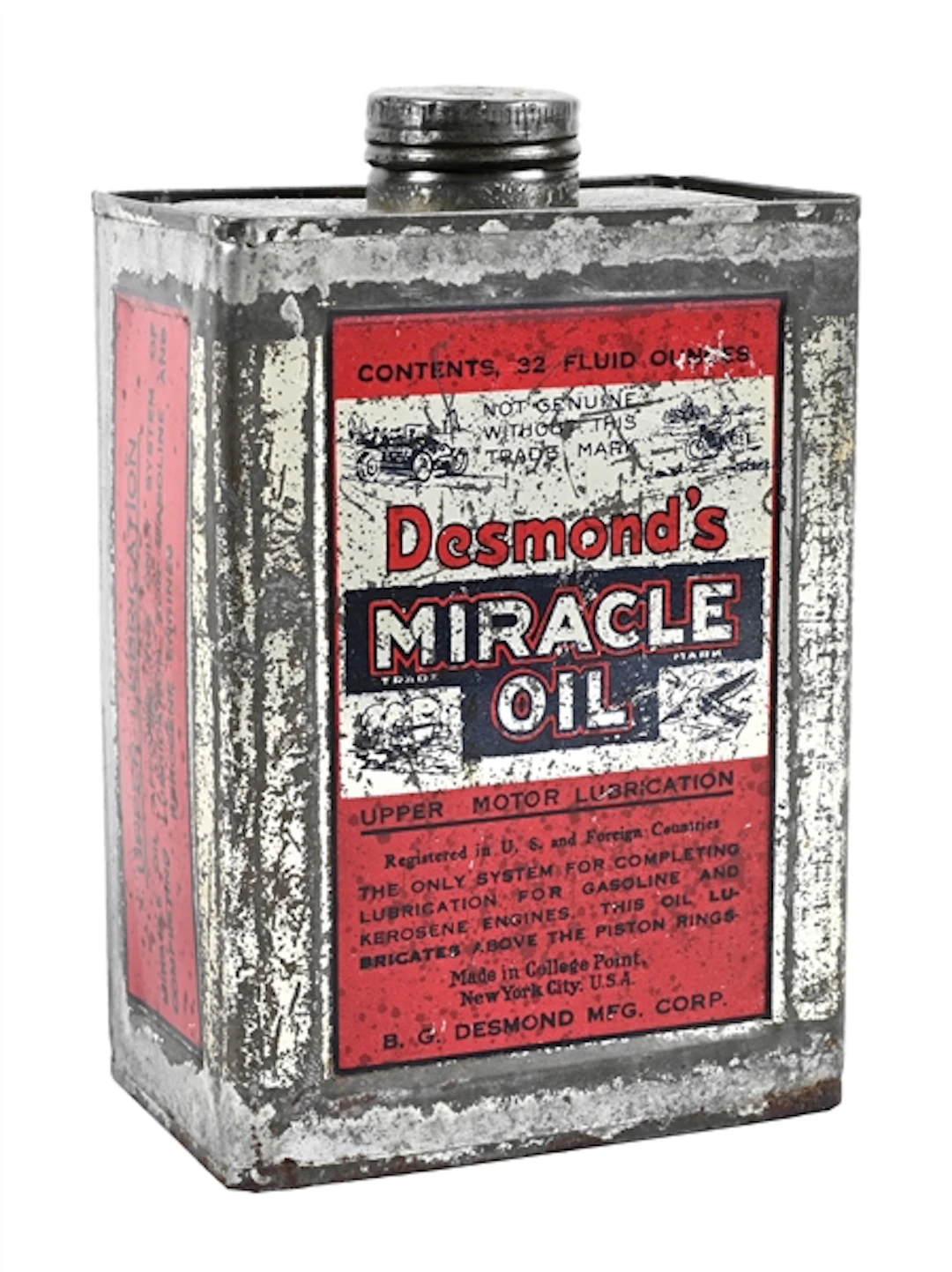 DESMOND'S MIRACLE OIL CAN W/ MOTORCYCLE, CAR, BOT & AIRPLANE GRAPHIC.