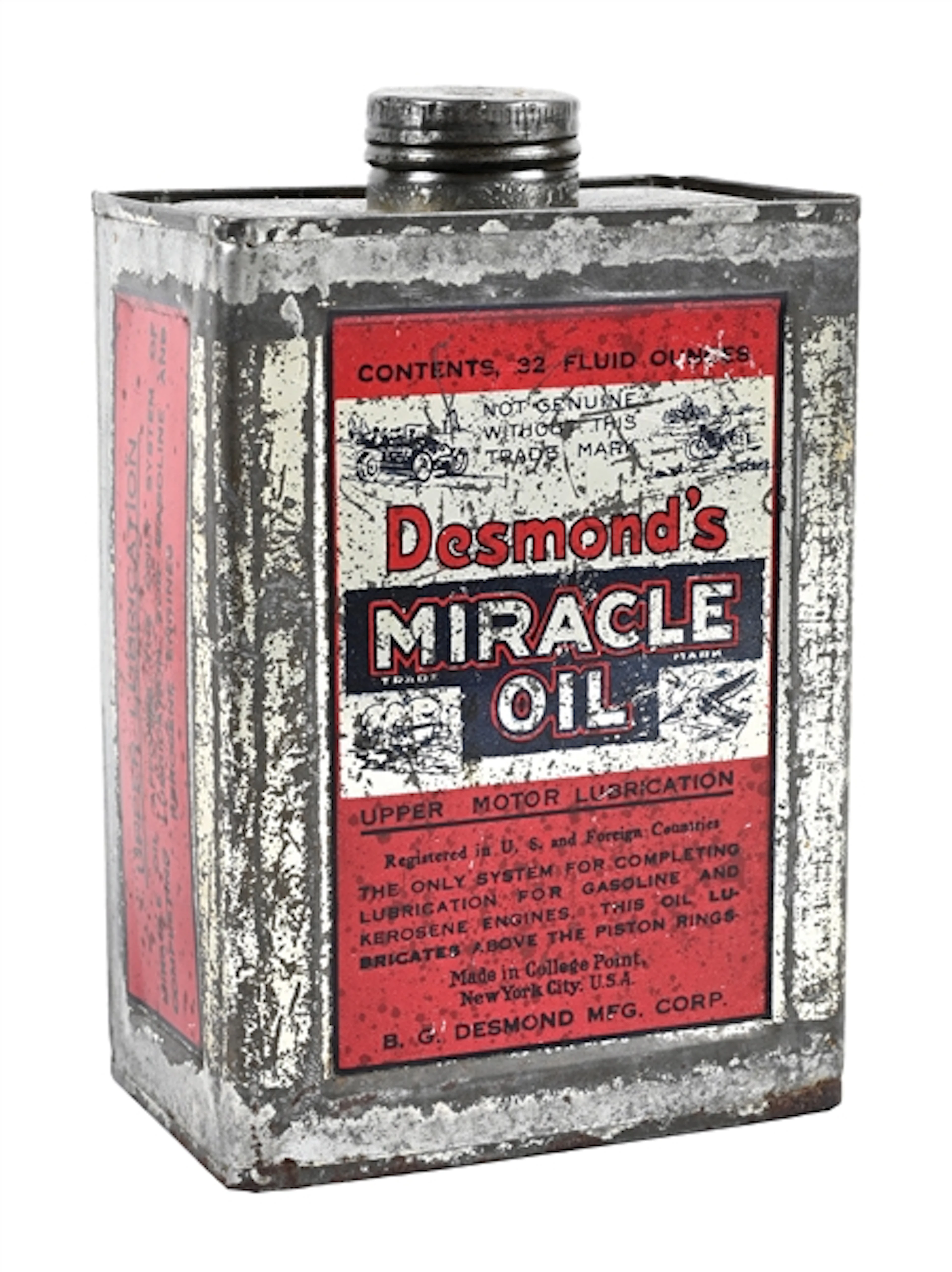 DESMOND'S MIRACLE OIL CAN W/ MOTORCYCLE, CAR, BOT & AIRPLANE GRAPHIC.