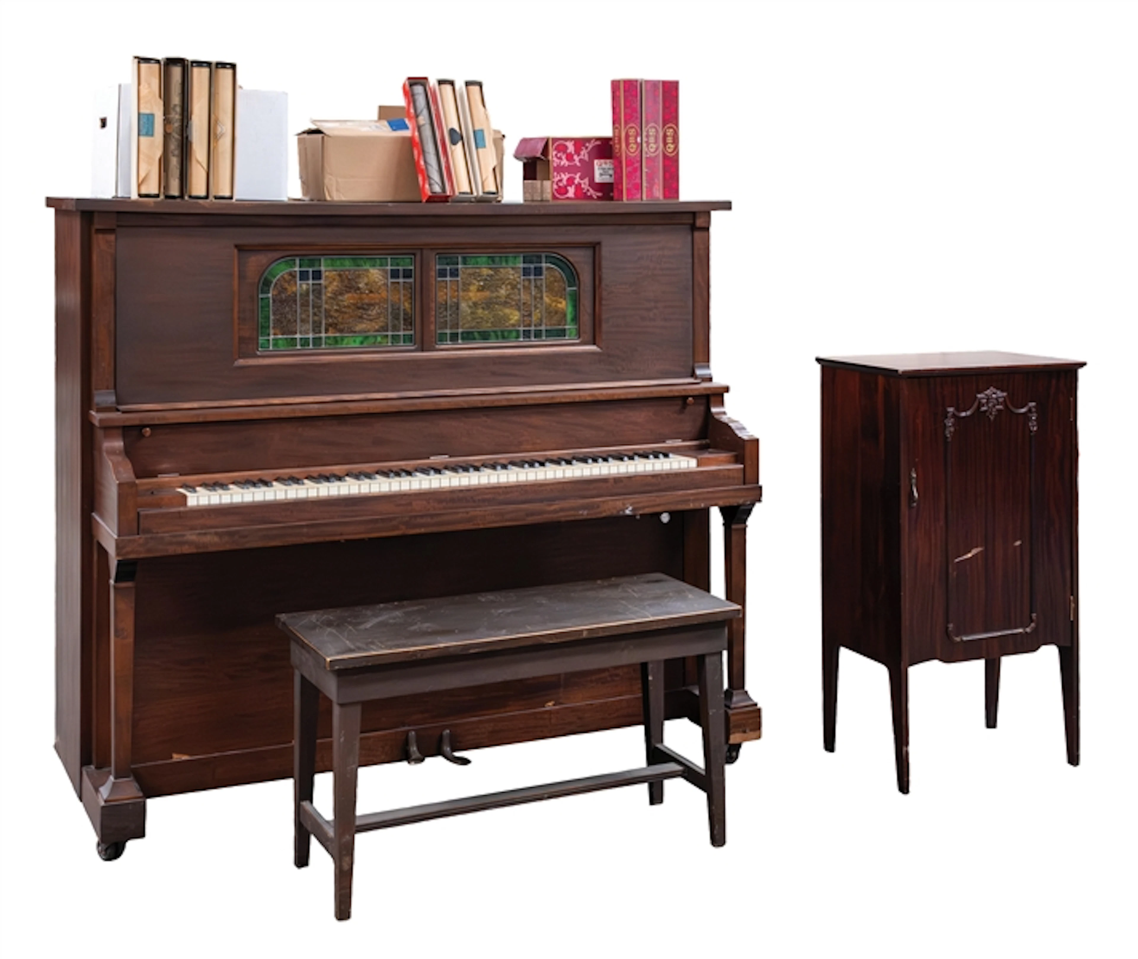 UPRIGHT PLAYER PIANO W/ BENCH & CABINET W/ ROLLS