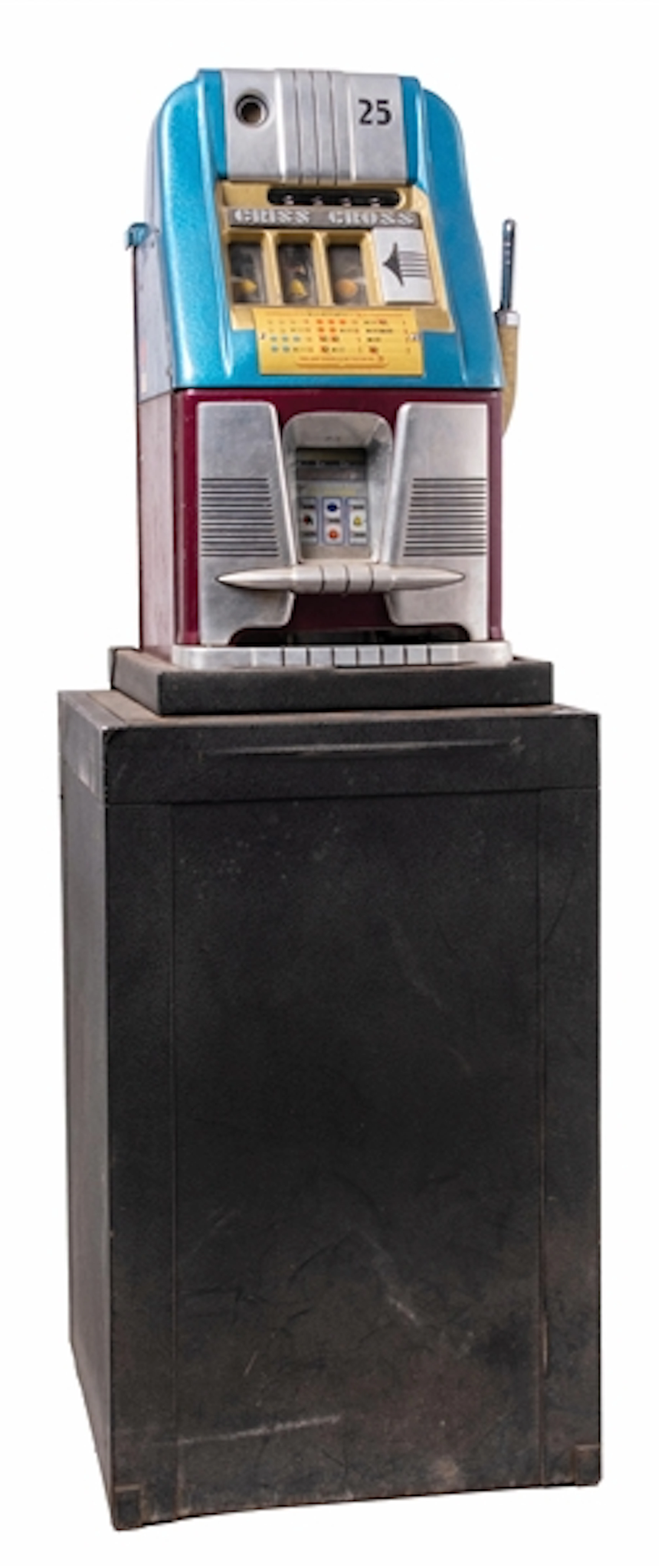 25¢ MILLS "CRISS-CROSS" HI TOP SLOT MACHINE WITH JACK-IN-THE-BOX STAND