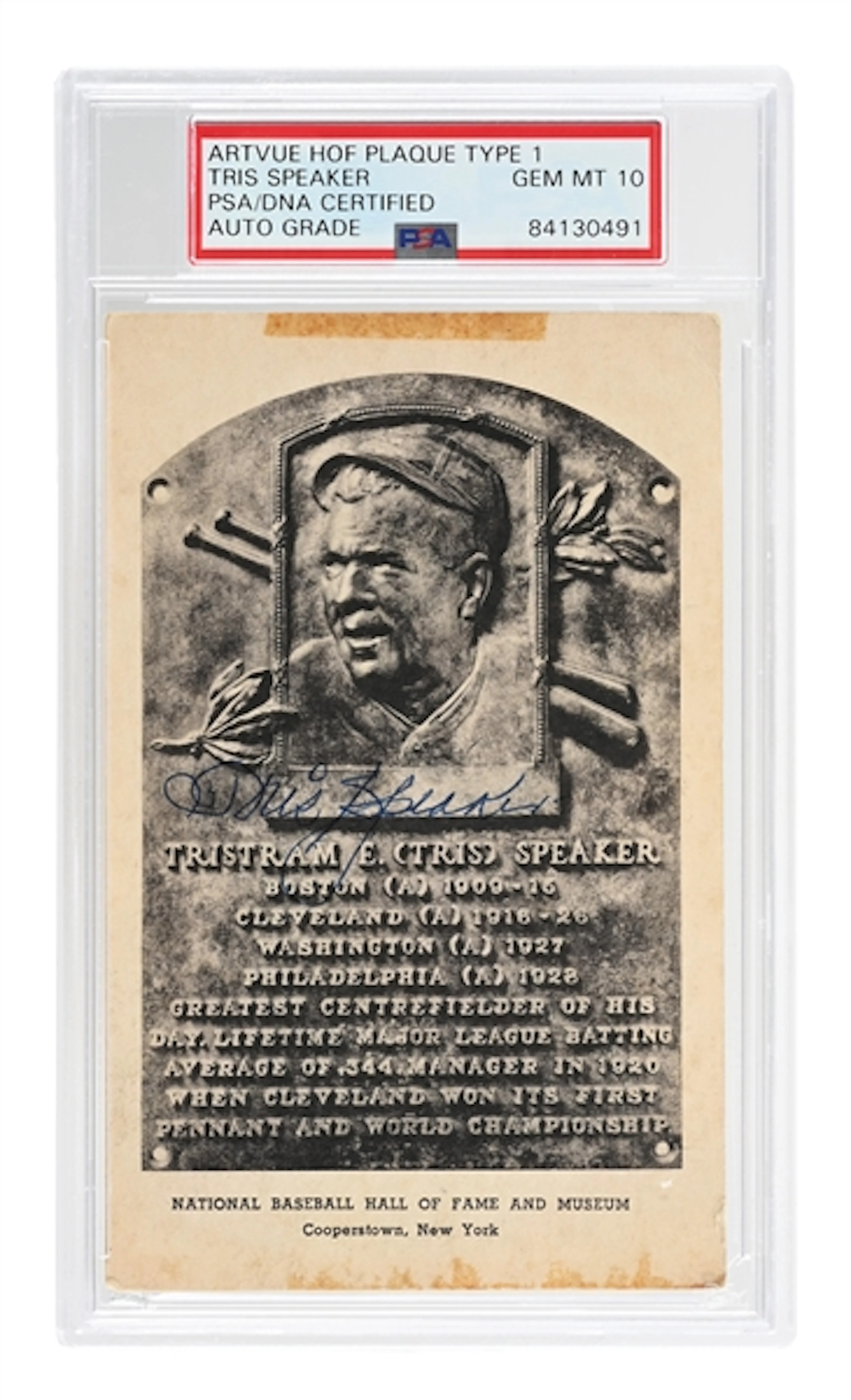 TRIS SPEAKER SIGNED ARTVUE HOF PLAQUE PSA/DNA GEM MT 10
