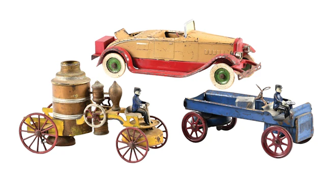 LOT OF 3: TIN FIRE PUMPER & ICE TRUCKS, AND TOY CAR
