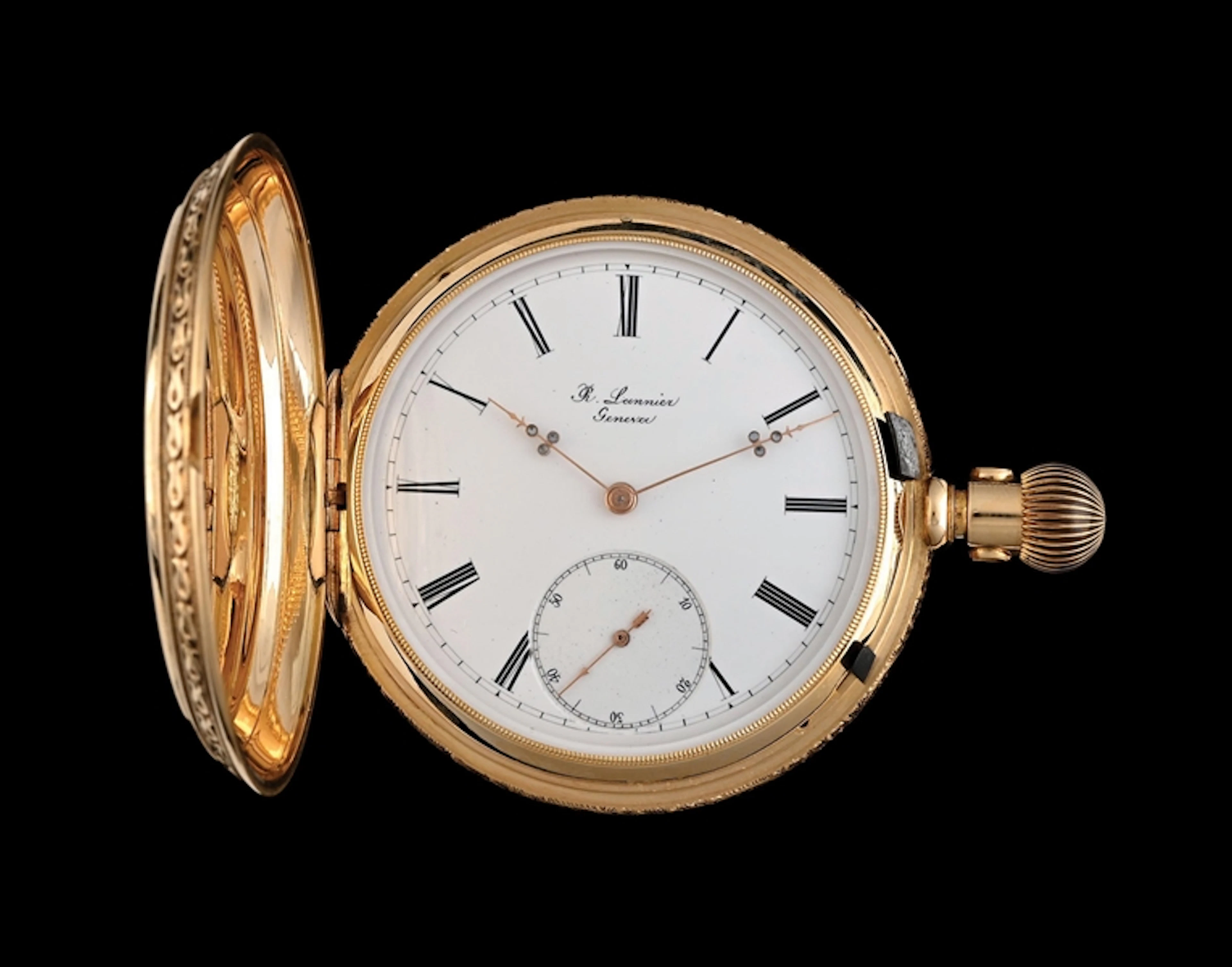 18K GOLD R. LANNIER, GENEVA H/C POCKET WATCH, C. 1880