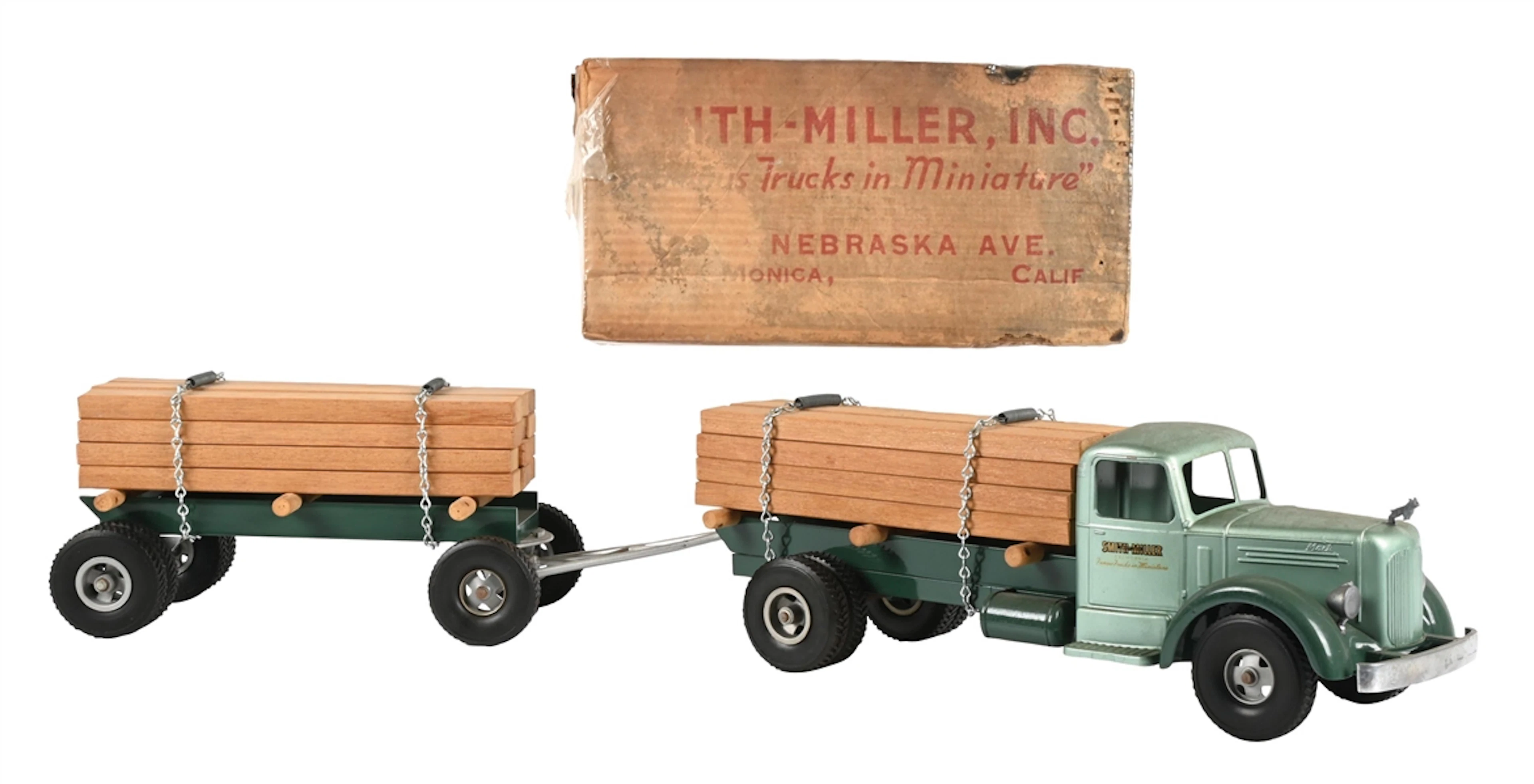LOT OF 3: SMITH MILLER LUMBER TRUCK & PUP TRAILER WITH 1 BOX