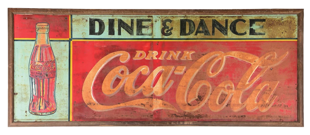 LARGE DRINK COCA-COLA DINE & DANCE FRAMED TIN SIGN