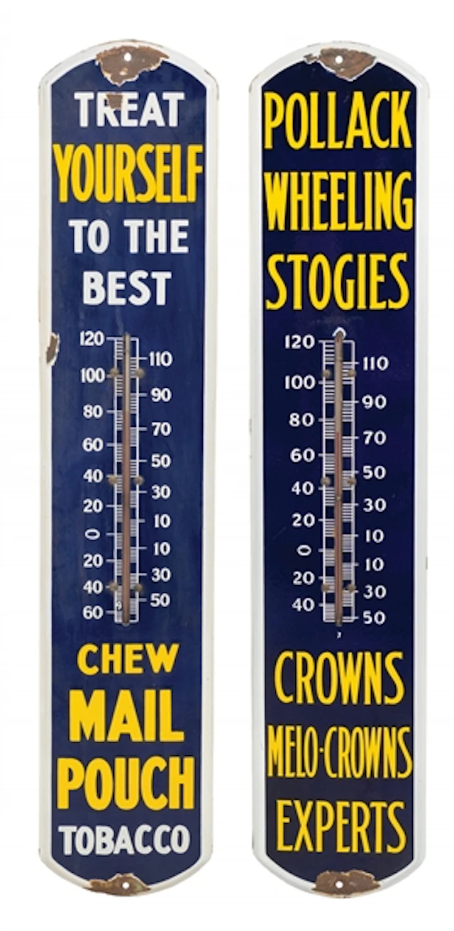 LOT OF 2 MAIL POUCH AND POLLACK STOGIES ADVERTISING THERMOMETERS