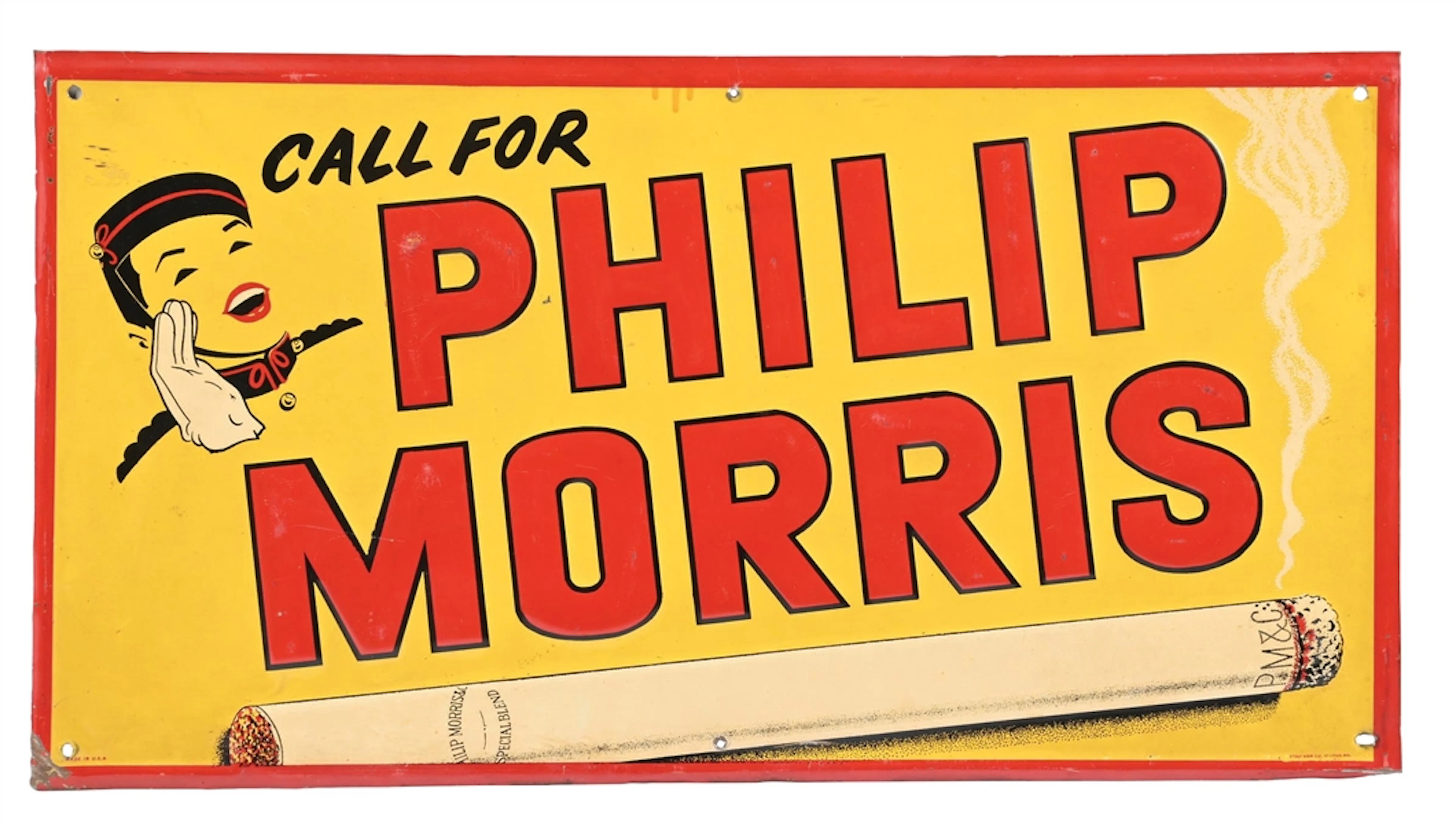 SELF-FRAMED EMBOSSED TIN SIGN ADVERTISING PHILIP MORRIS CIGARETTES