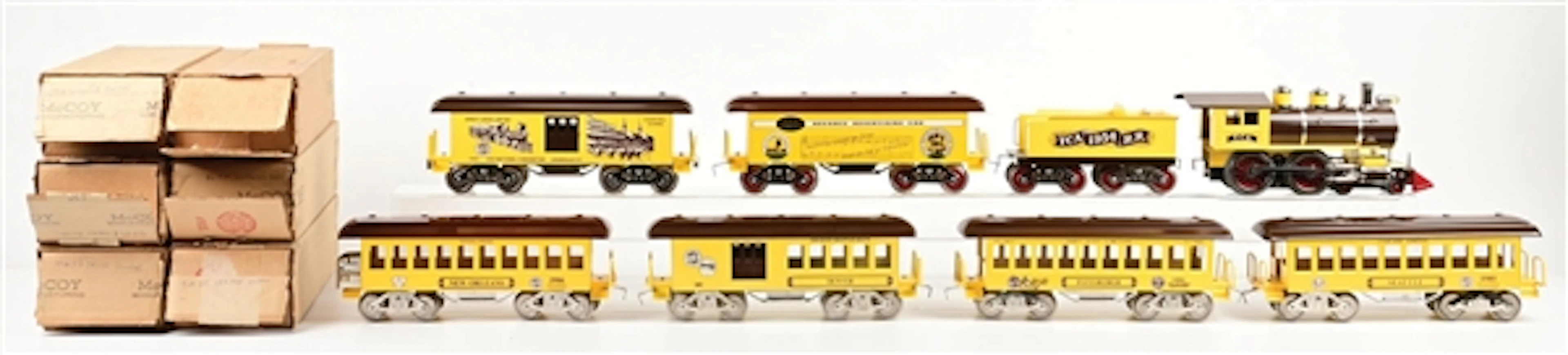 LOT OF 8: TCA MCCOY STD GA. STEAM LOCO & TENDER W/6-UNIT PASSENGER CARS