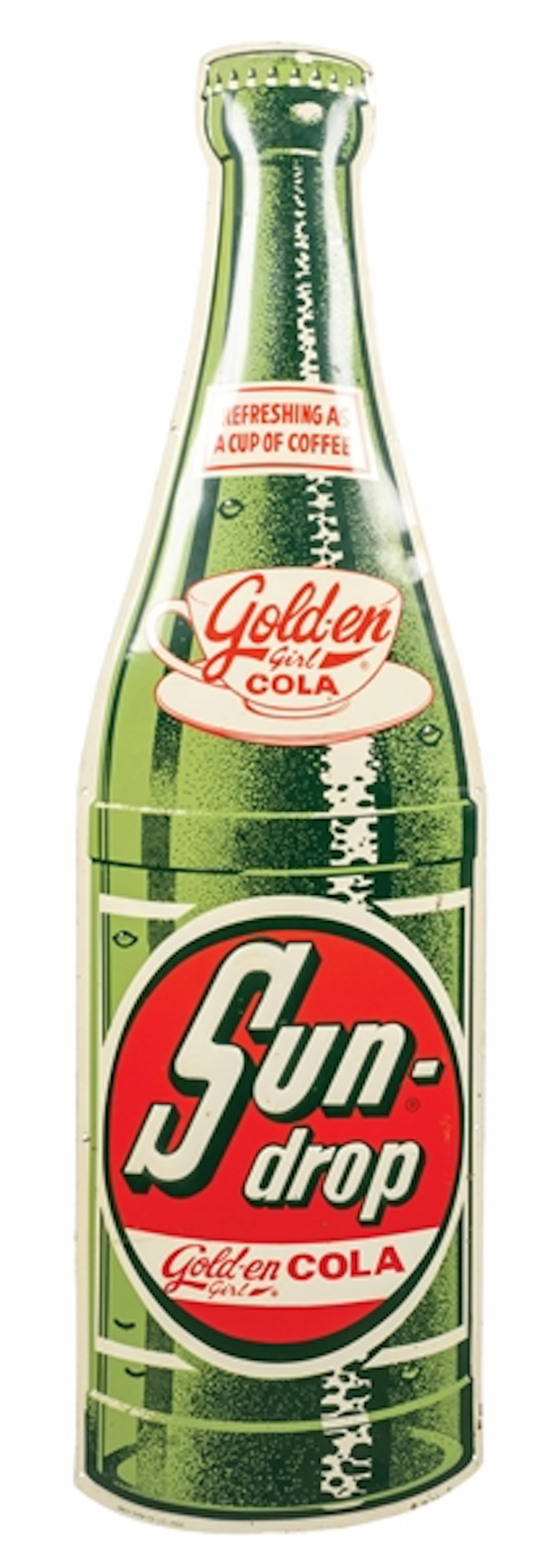 DIE CUT GOLD-EN GIRL COLA "SUN-DROP" TIN BOTTLE SIGN