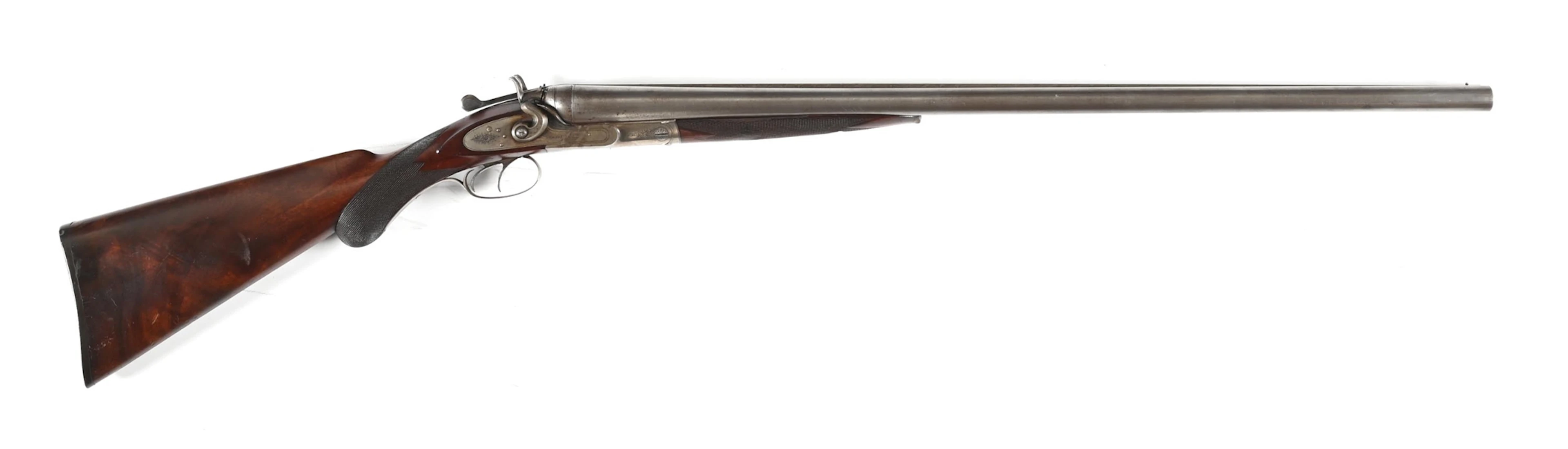 (A) CHARLES DALY RETAILED LINDNER 10 GAUGE SIDE BY SIDE SHOTGUN.