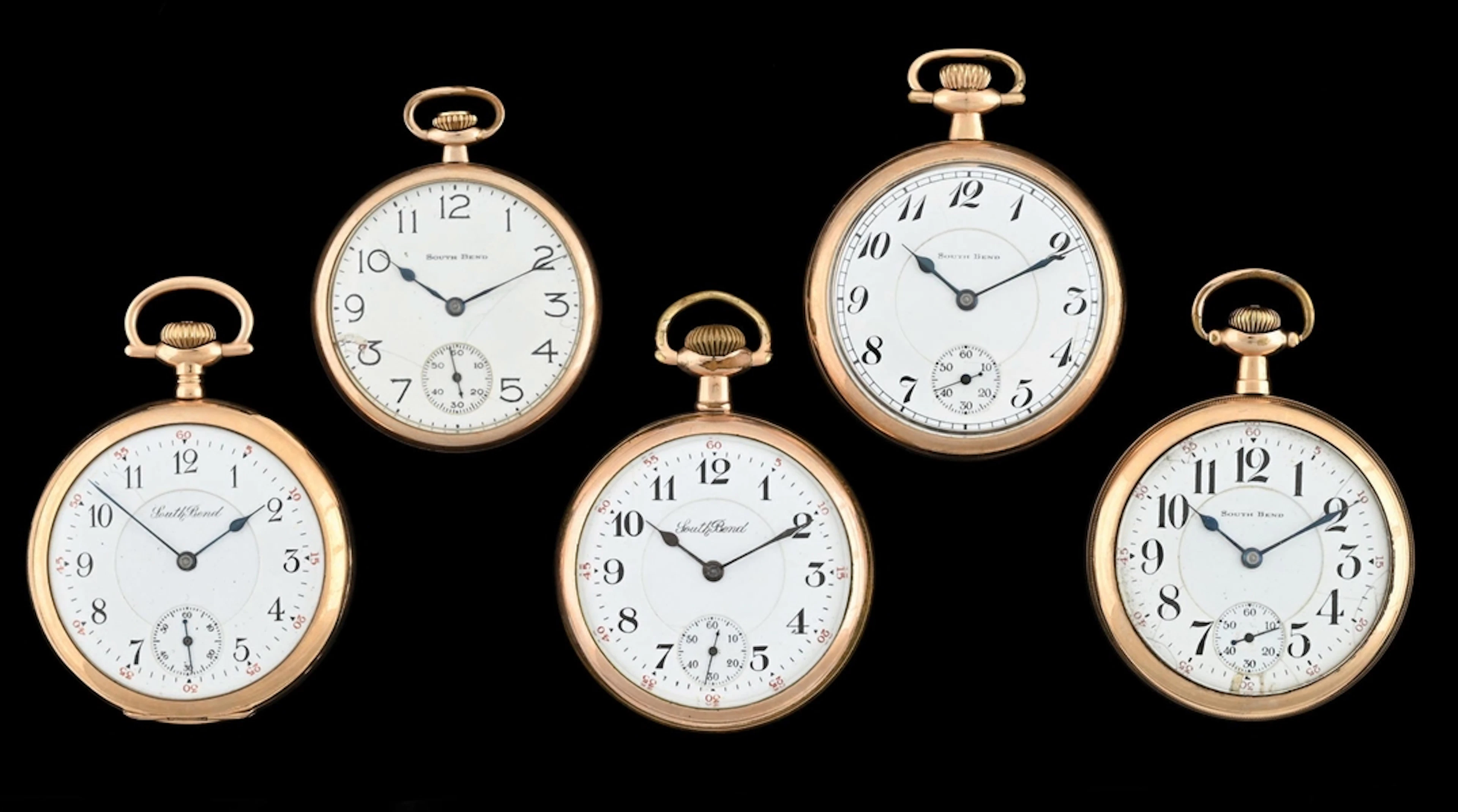 LOT OF 5: SOUTH BEND OPEN-FACE GOLD-FILLED POCKET WATCHES