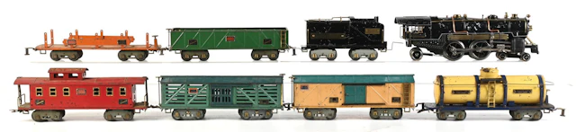 LOT OF 8: PRE-WAR AMERICAN FLYER STANDARD GA. STEAM LOCOMOTIVE AND FREIGHT CARS