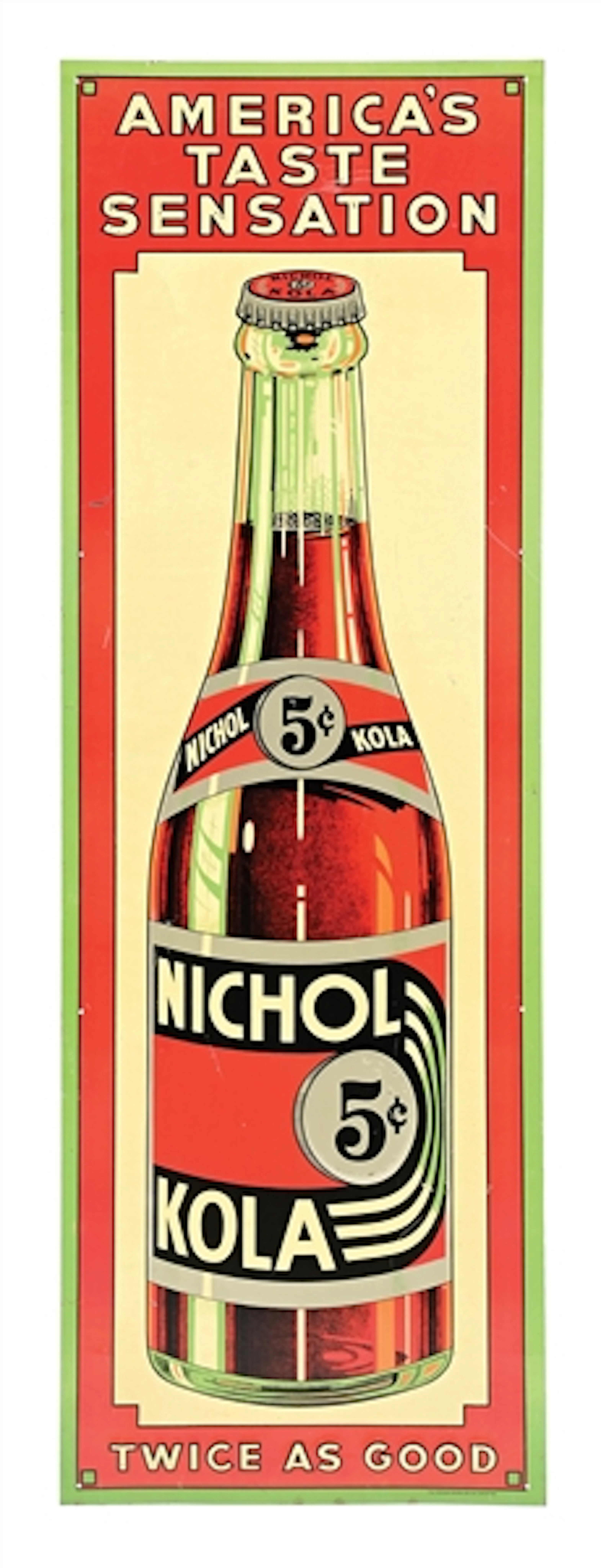 5¢ NICHOL KOLA EMBOSSED TIN SIGN W/ BOTTLE GRAPHIC