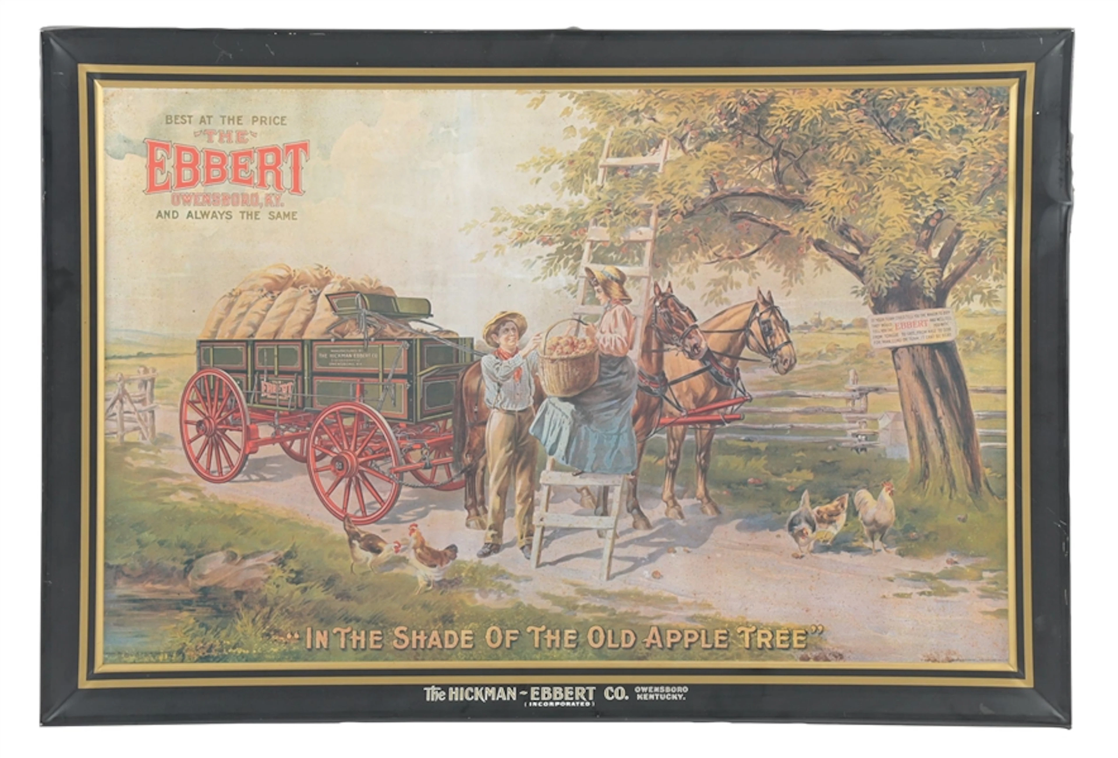TIN EBBERT HORSE DRAWN WAGON SIGN W/ FARM SCENE GRAPHIC