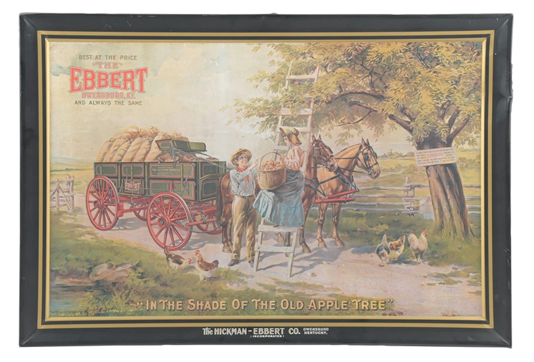 TIN EBBERT HORSE DRAWN WAGON SIGN W/ FARM SCENE GRAPHIC
