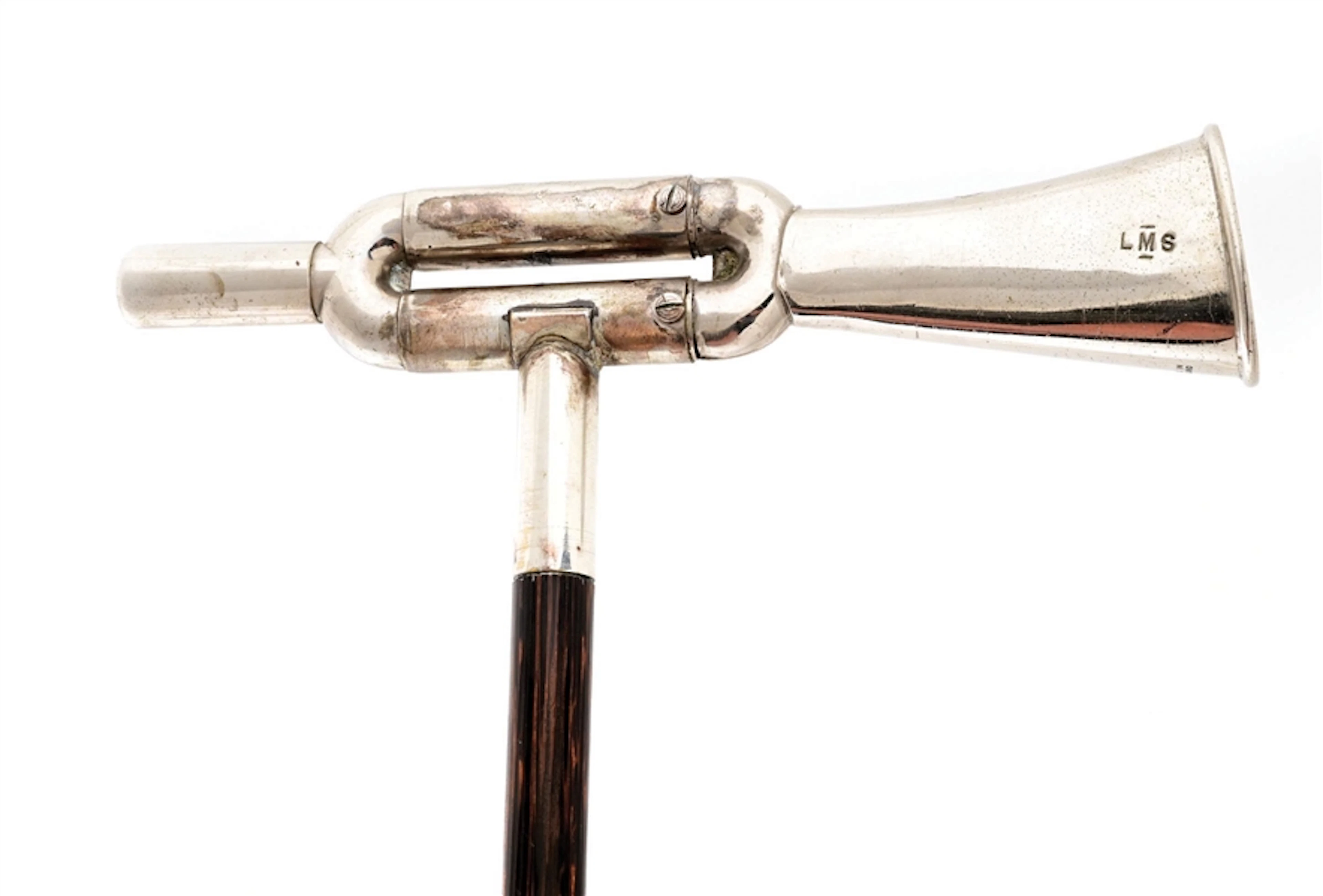 ANTIQUE ENGLISH MADE TRUMPET HANDLE WALKING STICK W/ WOOD SHAFT