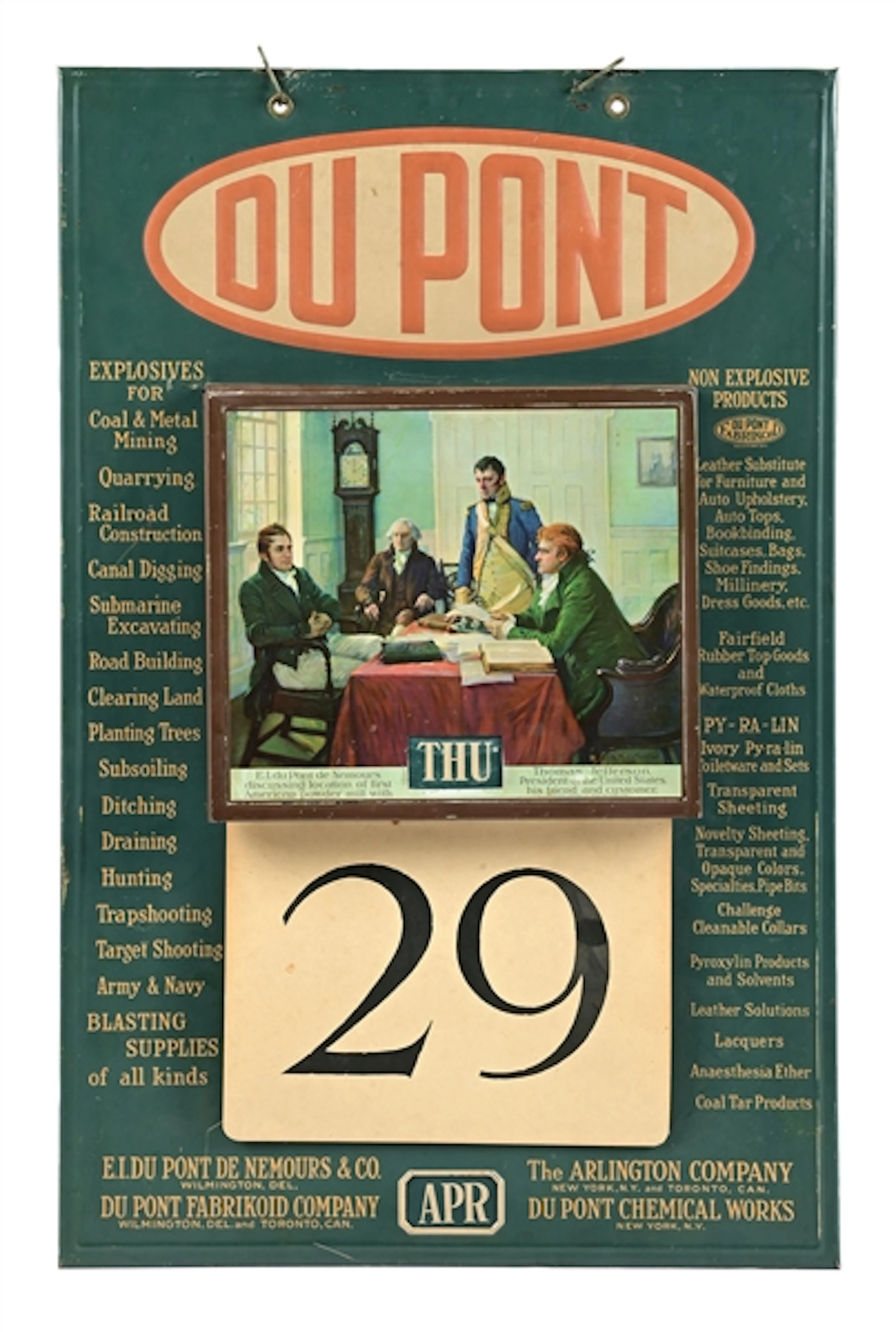 DUPONT CHEMICAL WORKS EMBOSSED TIN PERPETUAL YEARLY CALENDAR SIGN